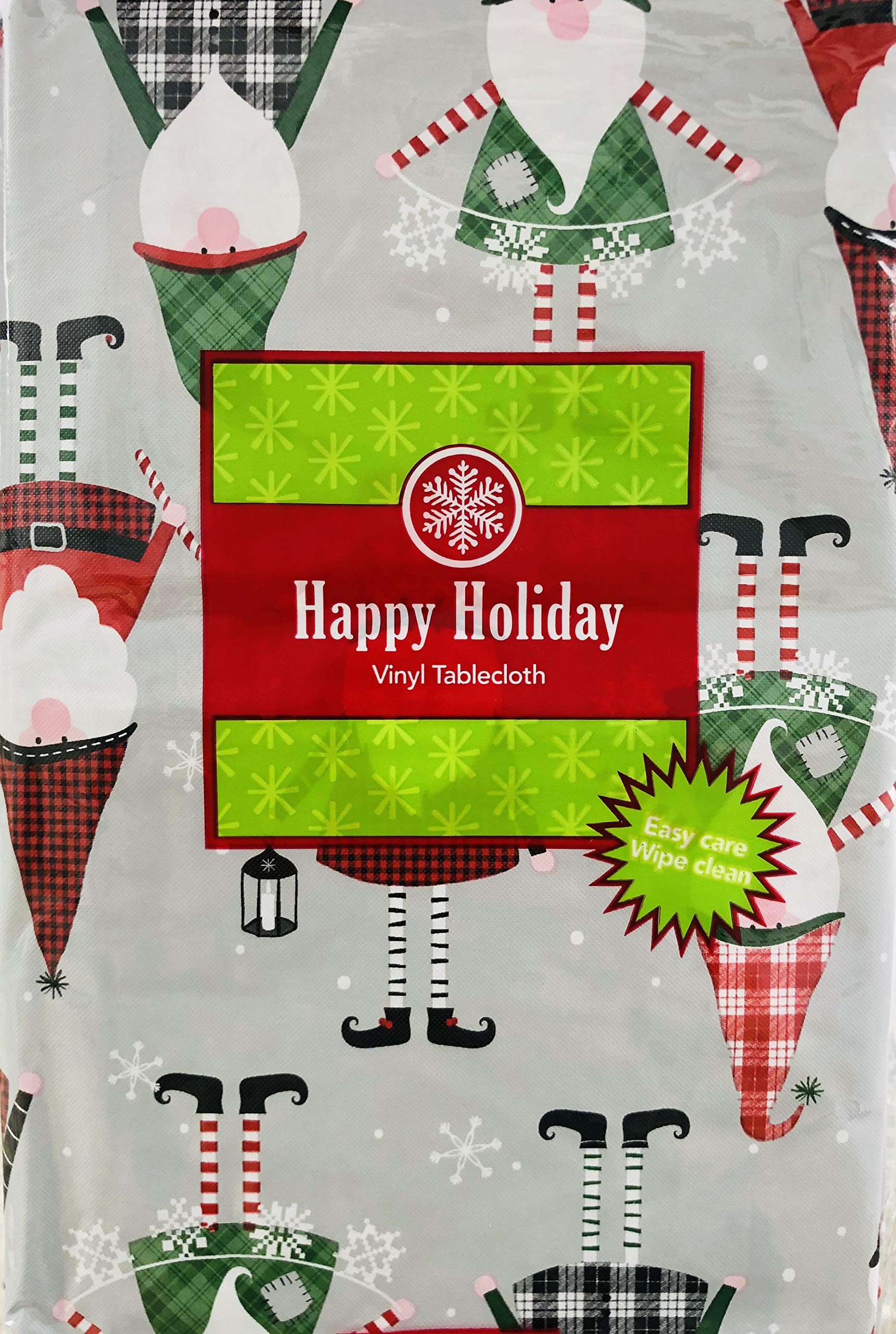 Christmas Gnomes Plaid Vinyl Tablecloth - 60 Round for Holiday Decor