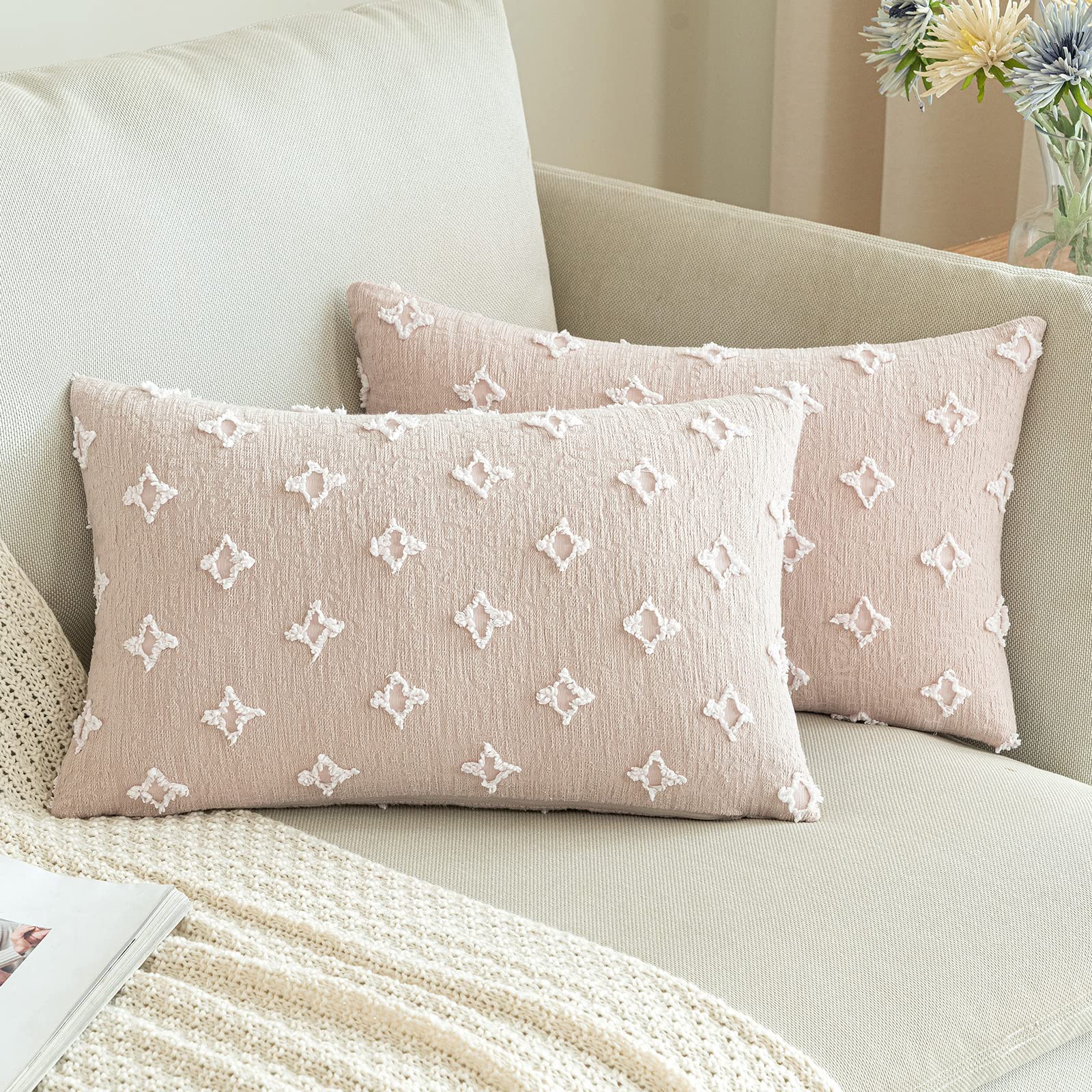 ANRODUO 2 Pack Beige Boho Decorative Throw Pillow Covers - Tufted Rhombic Jacquard Pillow Cases 12x20 Inch for Couch, Sofa, Bed & Living Room Decor - Soft & Stylish Home Accents for Cozy Boho Chic Interior Design