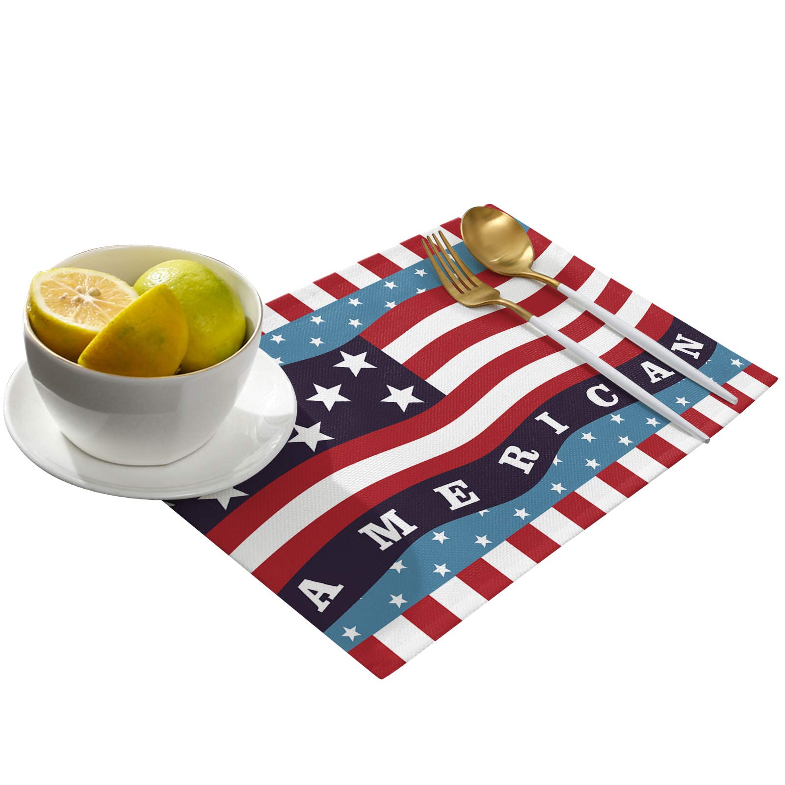 6-Pack American Flag Placemats - Heat-Resistant, Non-Slip & Washable Table Mats for Kitchen, Dining & Outdoor Use - Perfect for 4th of July, Patriotic Decor & Weddings