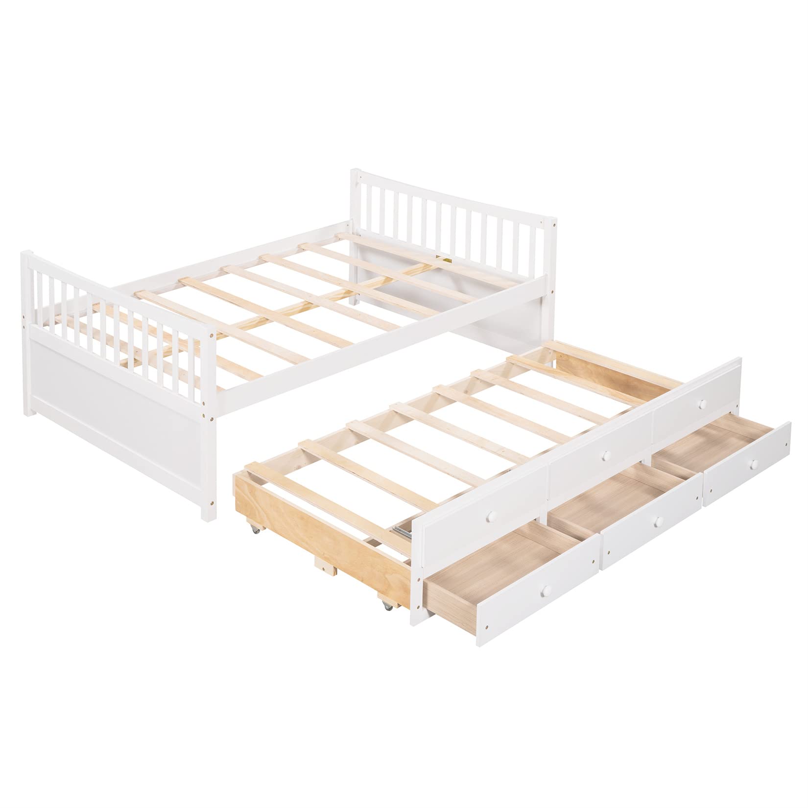 Bellemave Full Size Daybed with Trundle and 3 Storage Drawers - Wooden Platform Bed Frame for Kids, Teens, Boys & Girls - White - Perfect for Guest Rooms, Dormitories & Small Spaces