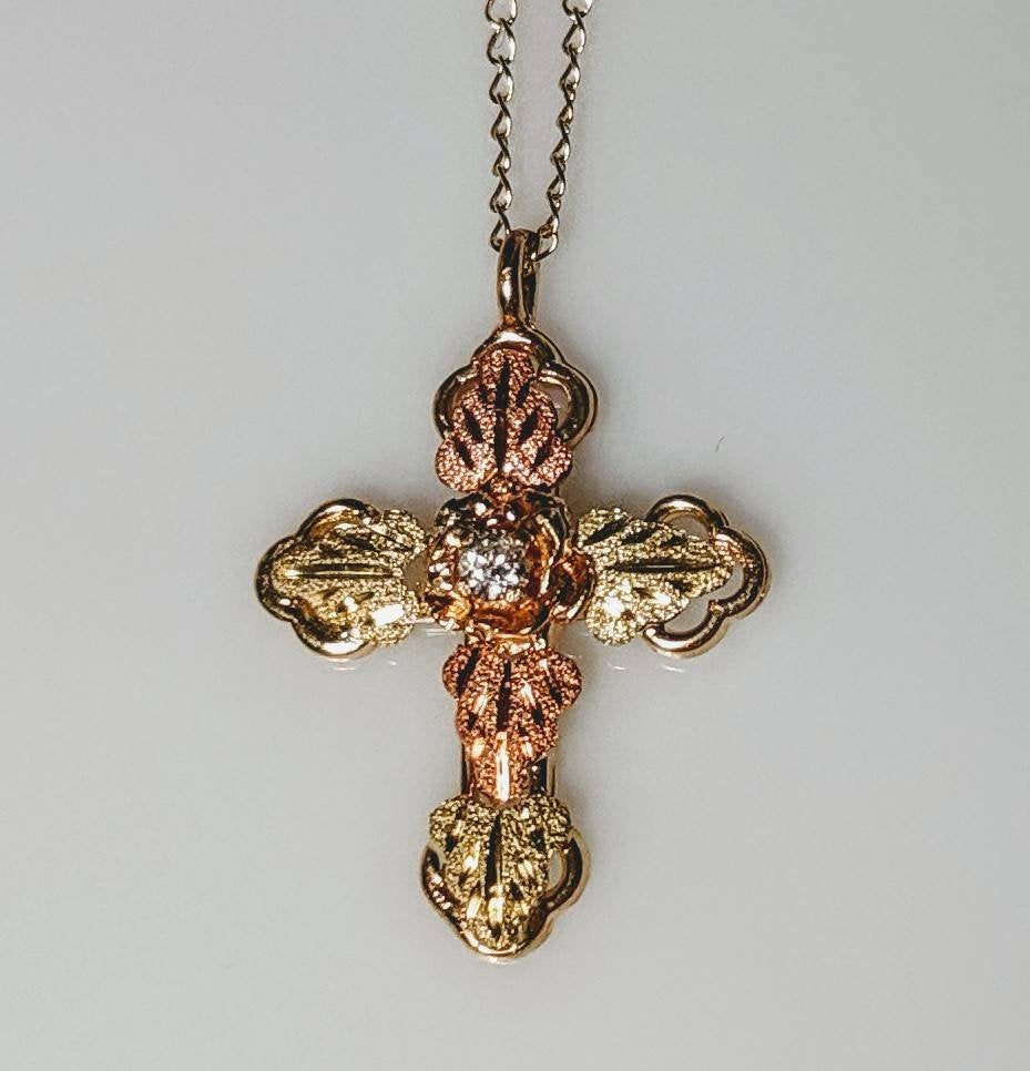 10kt Solid Gold Three-Tone Five-Leaf Cross Pendant with Natural Diamond Accent & Red/Green Enamel Leaves - Includes 18