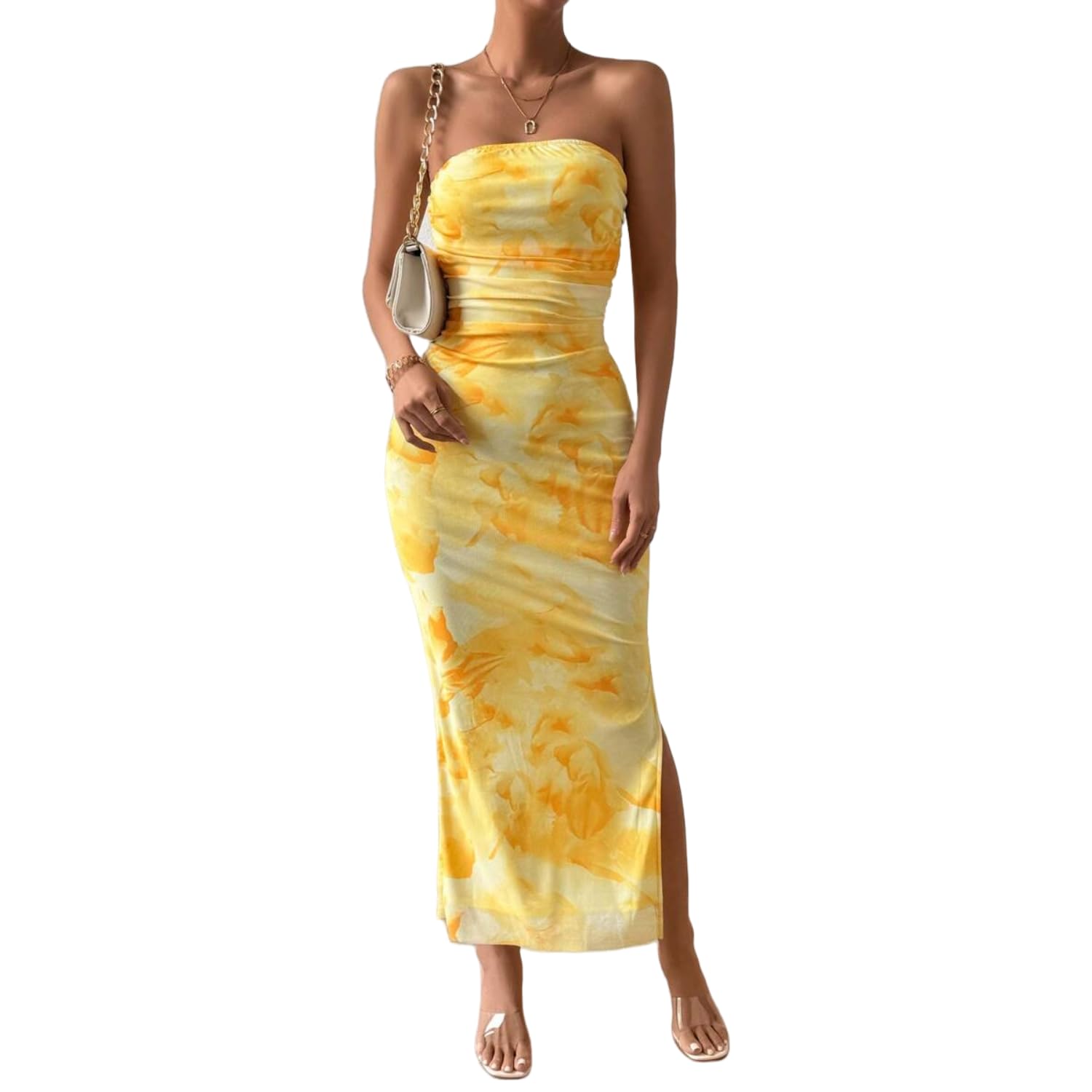 Women's Summer Floral Printed Strapless Tube Top Bodycon Maxi Dress with Side Slit & Mesh Layering - Perfect for Beach Vacations, Pool Parties and Date Nights