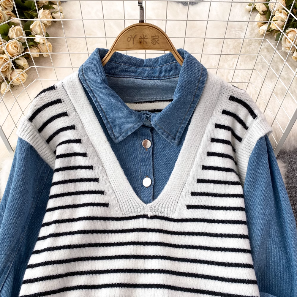 Women's Denim Splicing Polo Collar Striped Sweater Pullover - Casual Long Sleeve Shirt for Autumn | Perfect for Office Wear, Date Nights & Fall Layering