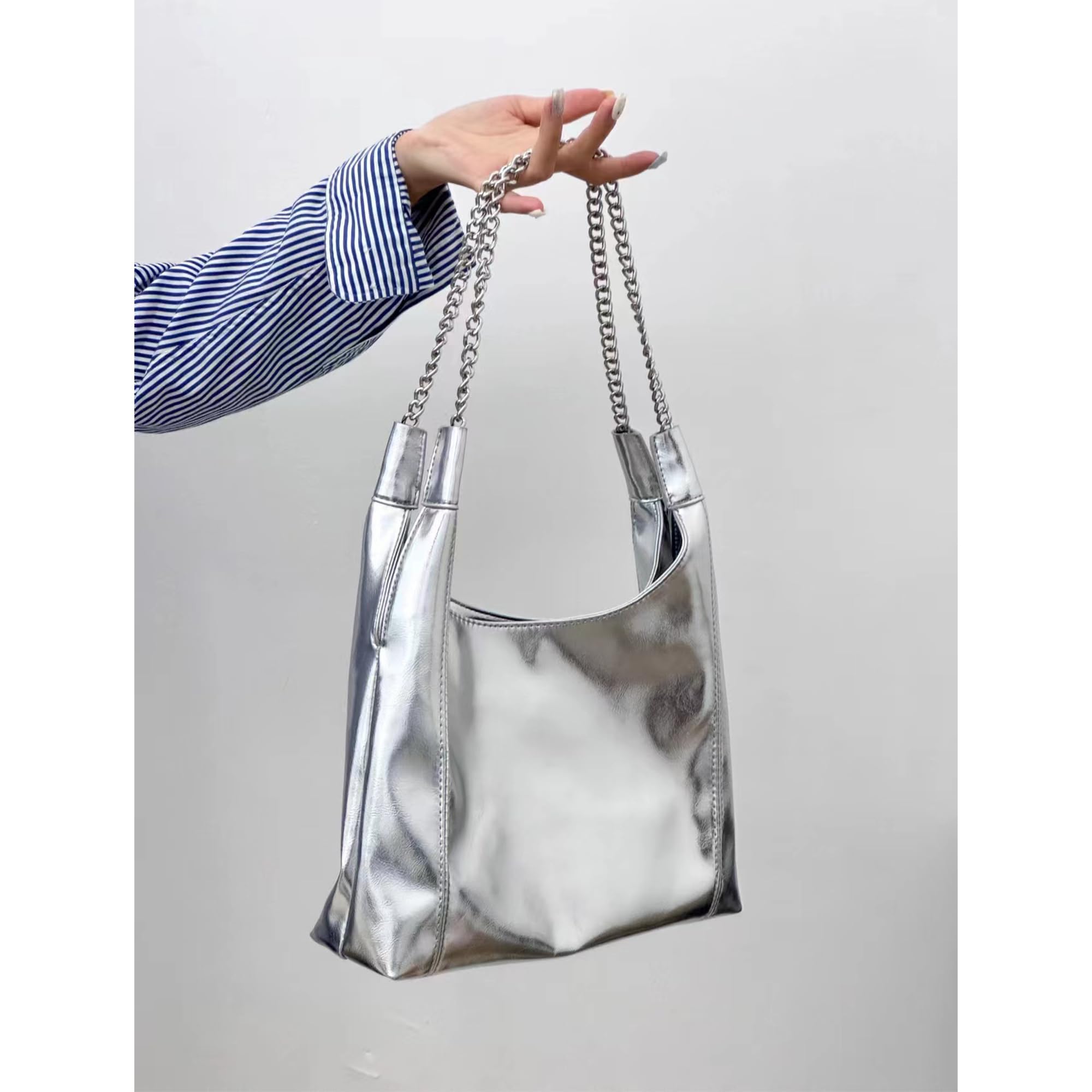 Stylish Women's Silver PU Leather Tote Bag - Large Fashionable Metallic Shoulder Purse for Work, Travel & Everyday Use