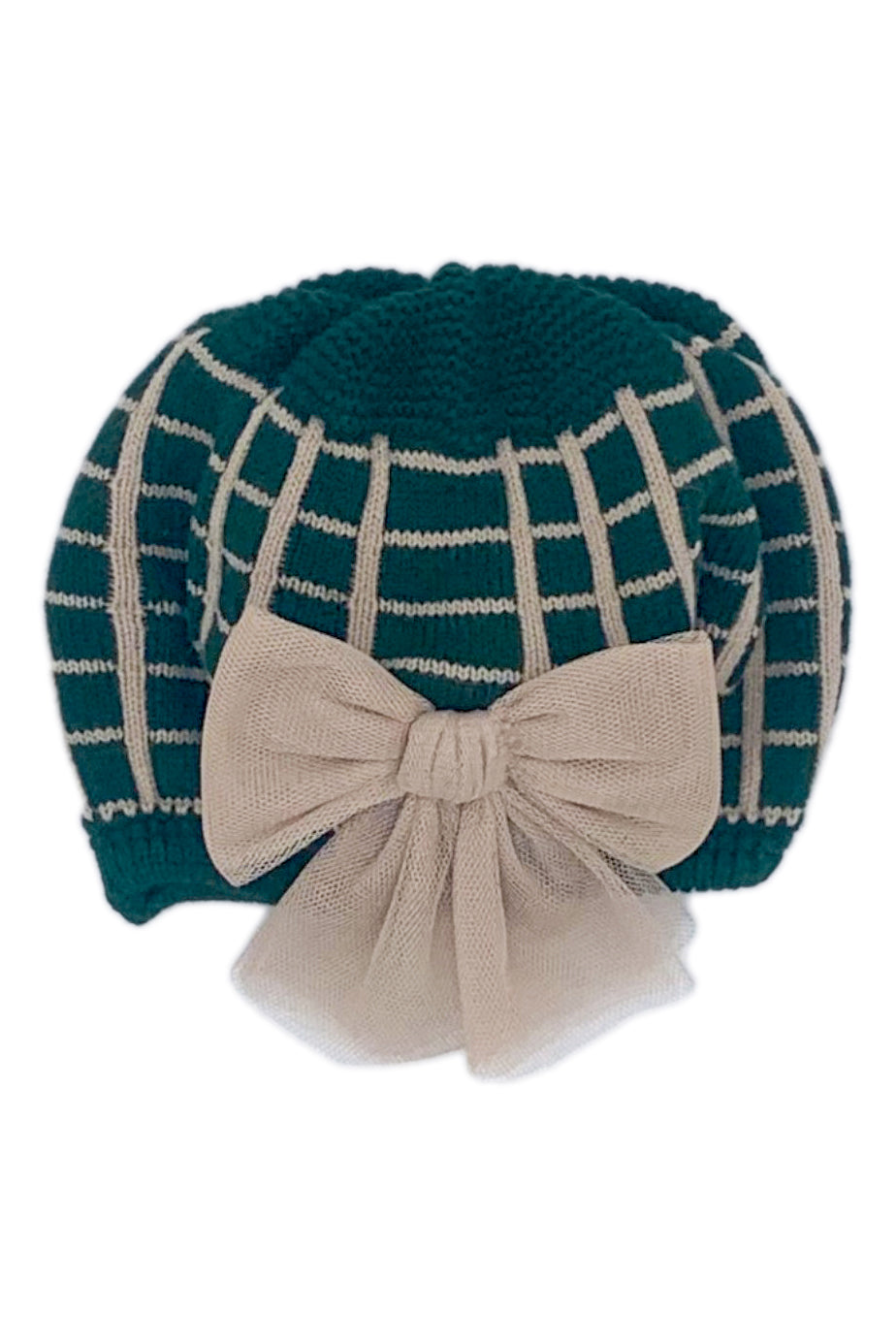 Stylish Bottle Green & Camel Check Knit Beret - Winter Fashion Hat for Women, Perfect for Outdoor Activities & Casual Wear