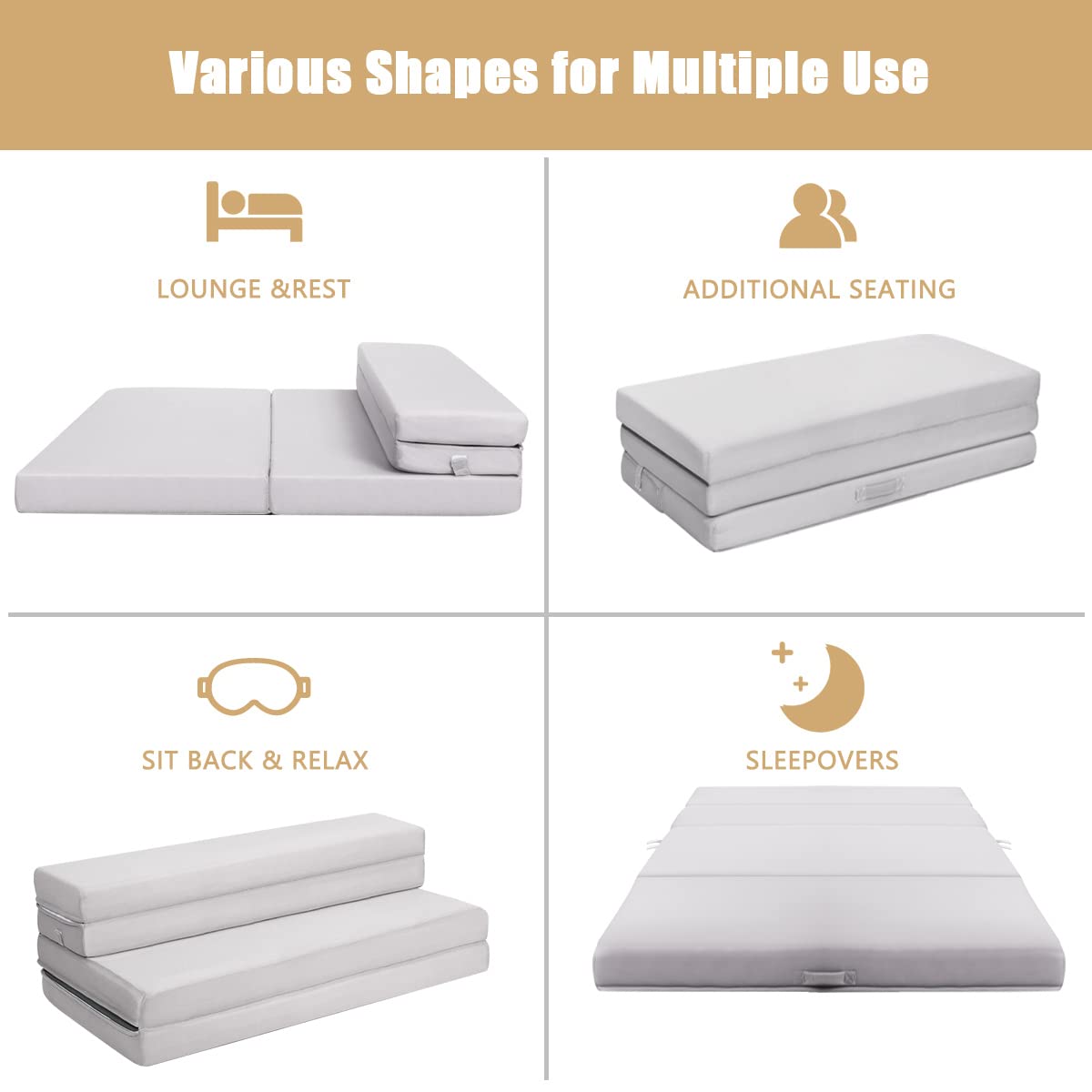 KOMFOTT 4-Inch Tri-Folding Memory Foam Mattress Queen Size - Foldable Guest Bed with Removable Washable Cover - Perfect for Sofa Beds, Camping & Small Spaces