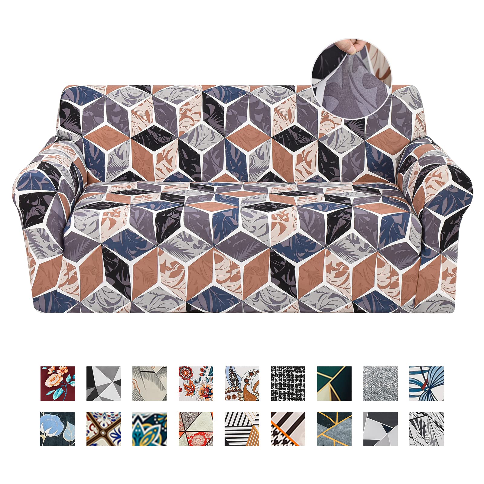 JOYDREAM Stretch Sofa Cover for 3 Cushion Couches - Printed Elastic Slipcover Universal Fit 3-Seater Couch with Pillowcase (Large, Rhombic Design) - Perfect for Living Room, Apartment & Home Decor Protection