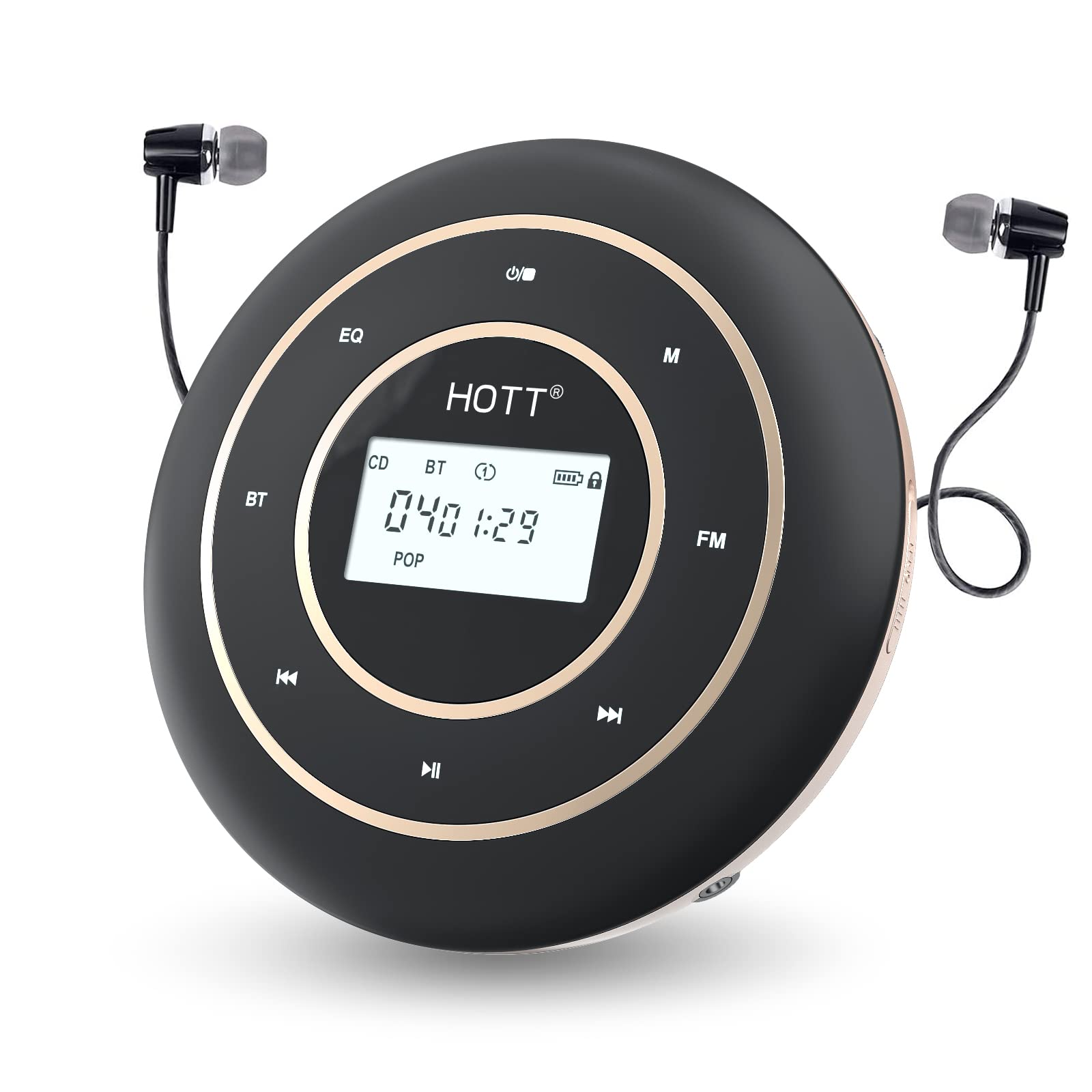 HOTT C105 Portable CD Player with HiFi Bluetooth 5.0, FM Transmitter & Rechargeable 1800mAh Battery - Touch Vibration Buttons, 2.1