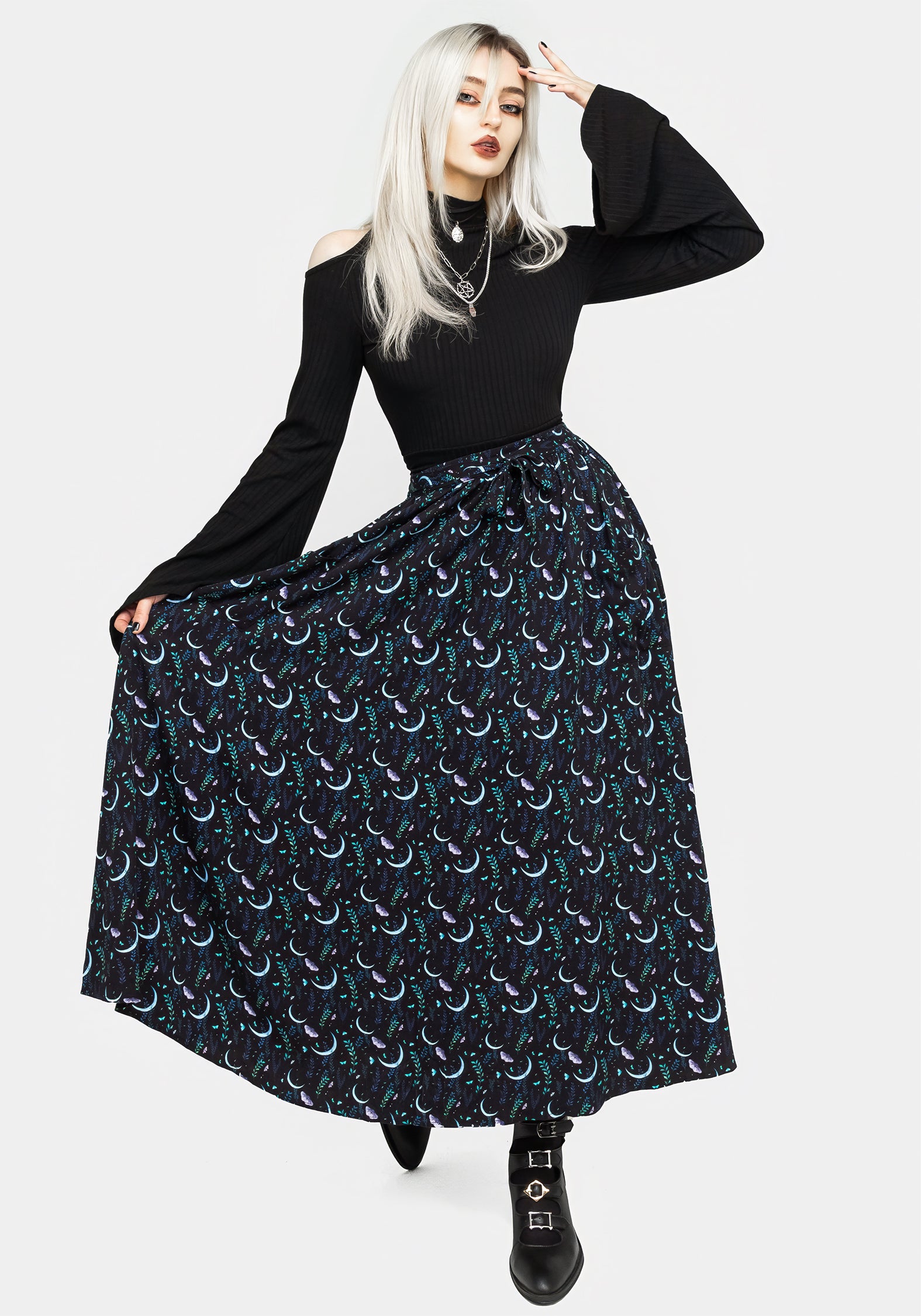 Elegant Diana Moon Moth Print Midaxi Skirt for Women - Boho Flowy Midi Skirt with Elastic Waist - Perfect for Summer Outfits, Beach Vacations & Boho Fashion