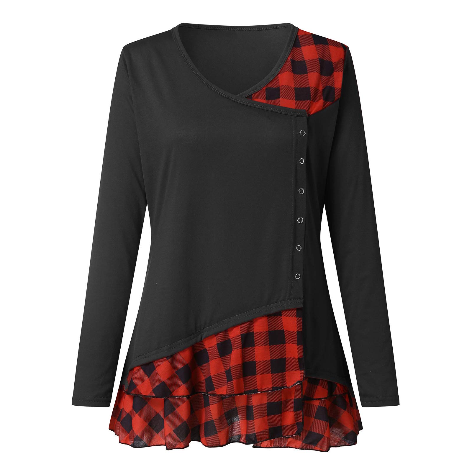 Plus Size Women's Summer Tops - Flounce Plaid Tunic Tee with Sweetheart Neck & Checked Panel | Casual Blouse for Beach, Office & Everyday Wear