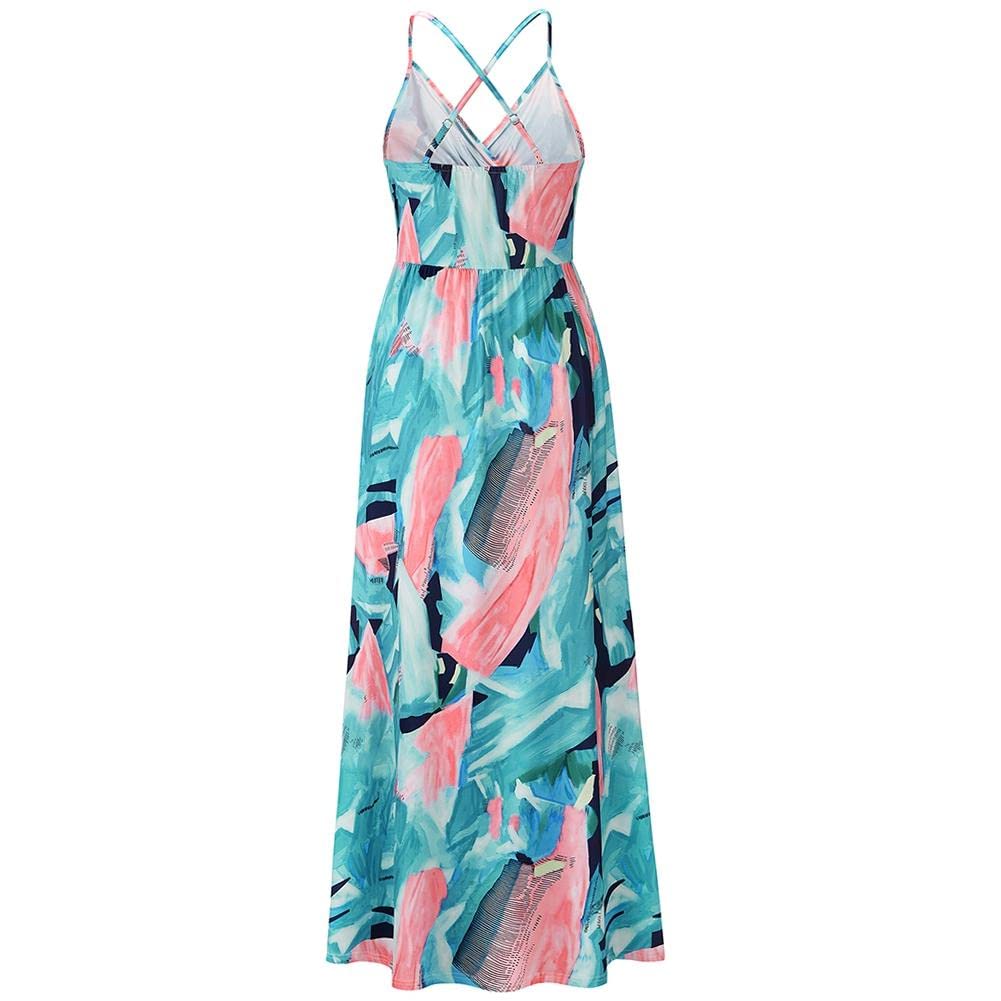 Bohemian Floral Print Women's Maxi Dress - V-Neck Spaghetti Strap Long Sling Dress for Beach Vacation, Summer Party & Casual Outings