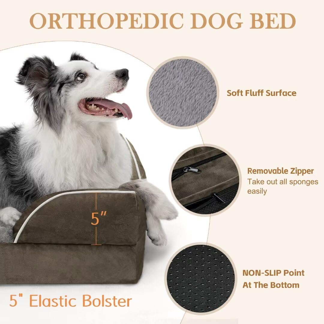 Extra Large Orthopedic Dog Bed for Big Dogs - Waterproof Washable Pet Sofa Bed with Removable Cover, Non-Slip Bottom & Bolster Support - Perfect for Large Breed Dogs in Living Room, Bedroom or Kennel (XL, Dark Green)