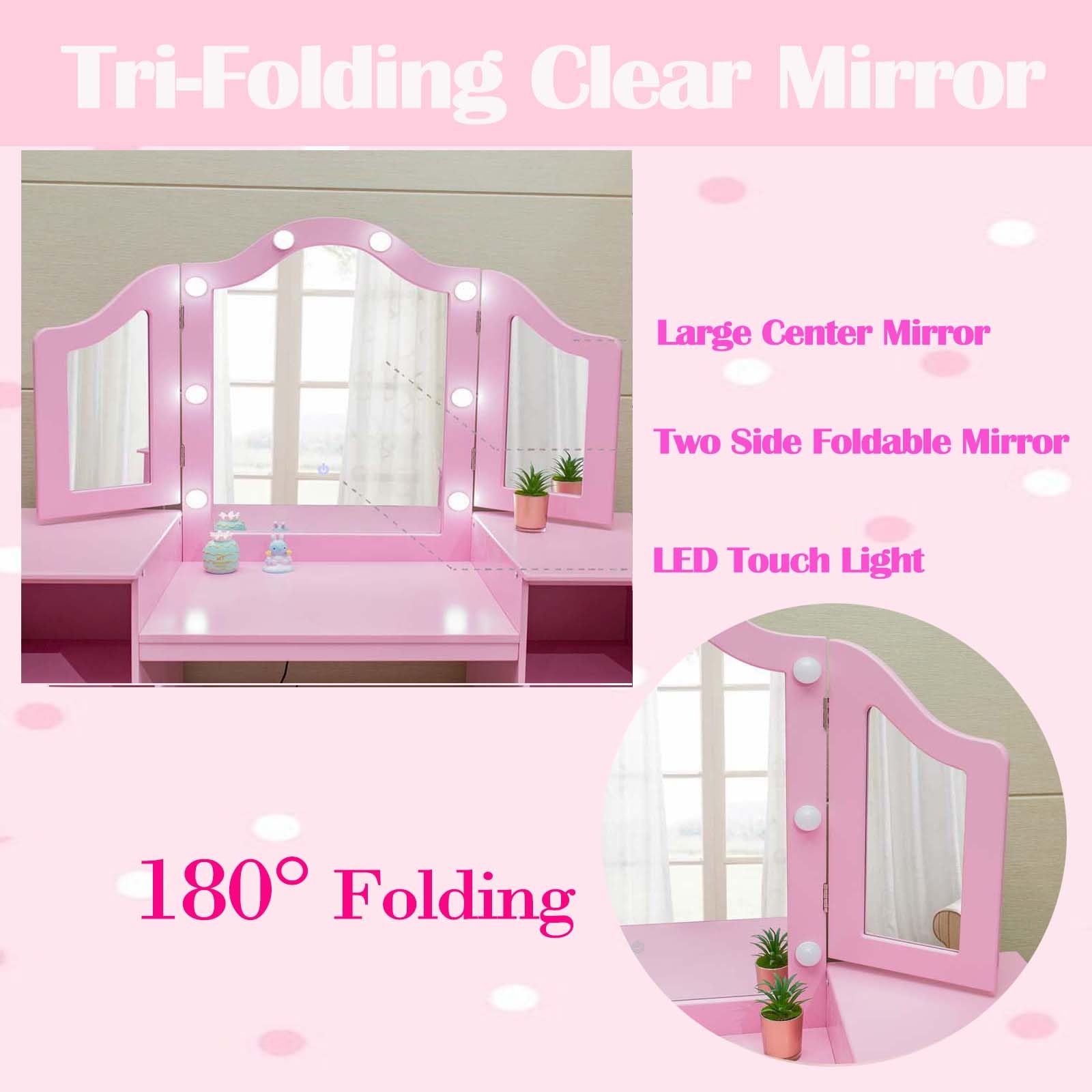 Princess Makeup Vanity Table Set for Girls - Wooden Dressing Table with Touch Light, Detachable Tri-Folding Mirror & Open Storage Shelves - Pretend Play Kids Vanity Desk & Chair for Toddlers - Perfect for Bedroom Decor, Birthday Gifts & Role Play Activities