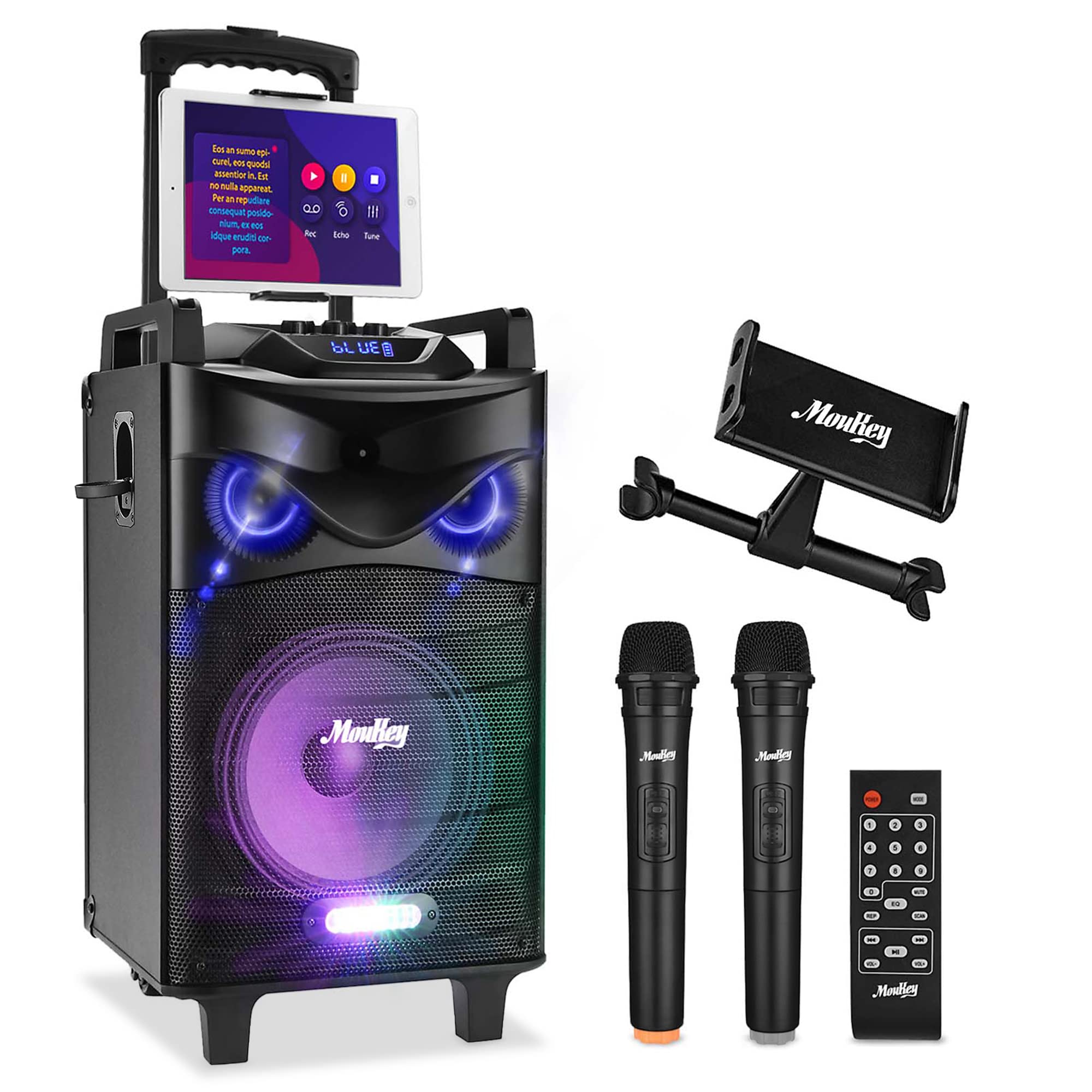 Moukey Portable Bluetooth Karaoke Machine with 2 Wireless Microphones - PA System Woofer Speaker with Party Lights, Lyrics Display, Echo/Bass/Treble Control - Supports TWS/REC/AUX/MP3/USB/TF/FM - Perfect for Home Parties, Outdoor Gatherings & KTV Entertainment