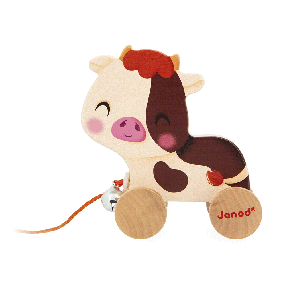 Janod Farm Pull Along Cow Toy - Wooden Animal Pull Toy for Toddlers & Kids - Perfect for Pretend Play, Early Learning & Motor Skills Development