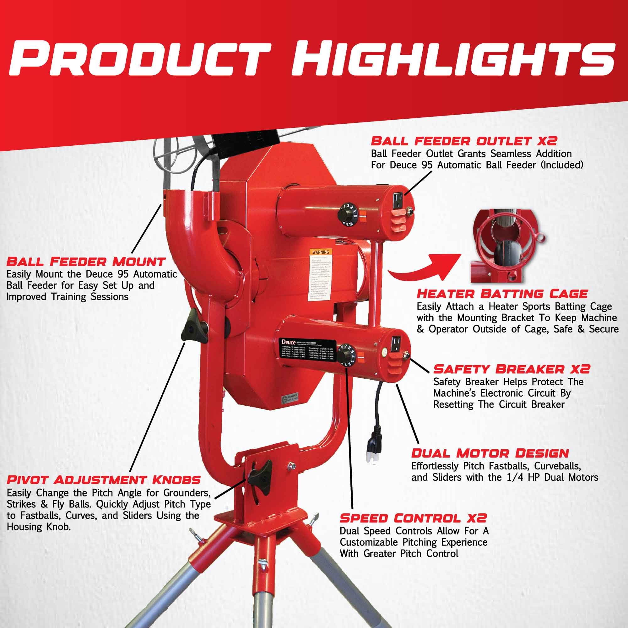 Heater Sports Deuce 95 MPH Adjustable Baseball Pitching Machine with Auto Ball Feeder - Fastball & Curveball Pitching Machine for Training, Practice & Games - Works with Real Baseballs & Machine Balls - Perfect for Youth, High School & Adult Baseball Players - Indoor & Outdoor Use