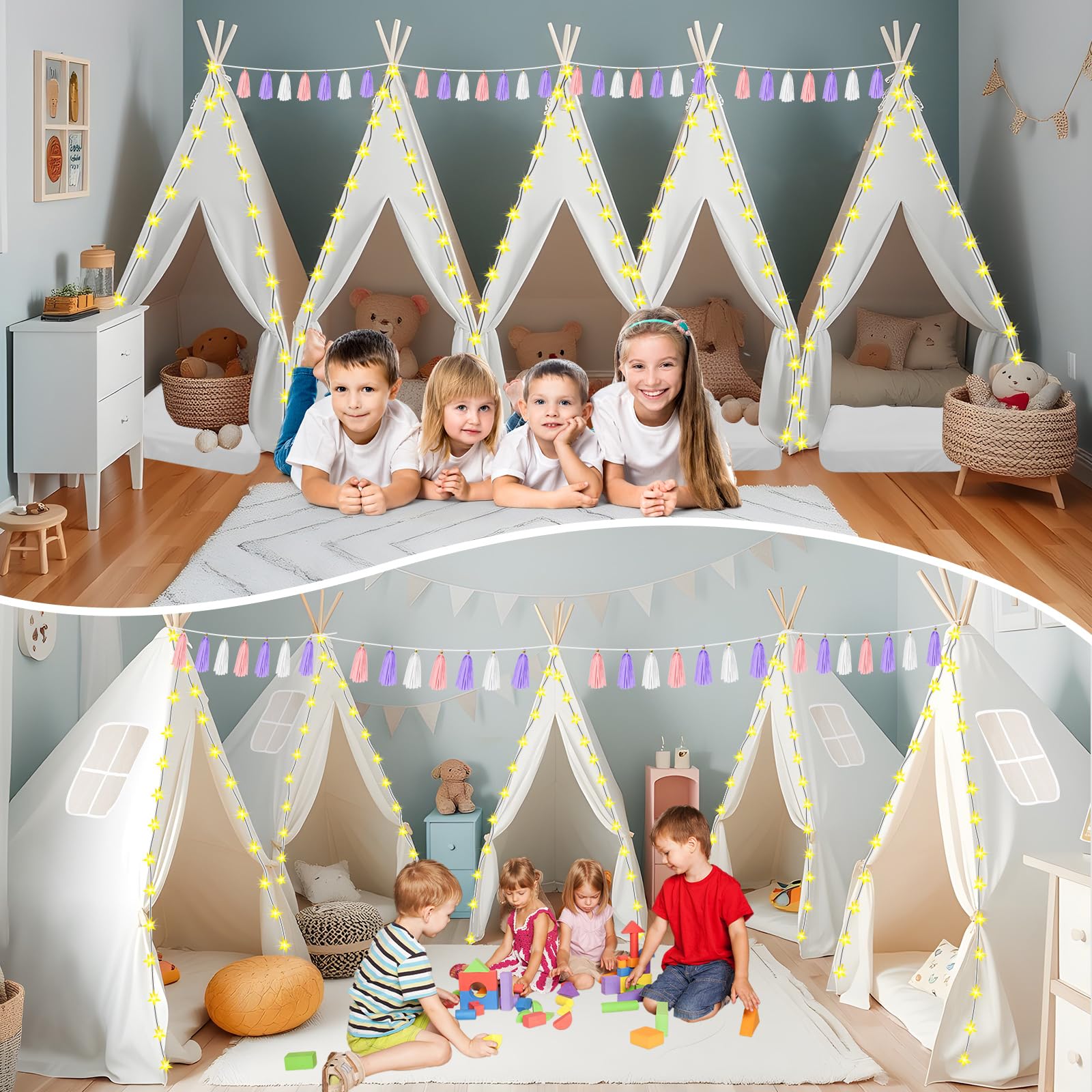 PLULON 6 Pack Kids Teepee Tent Set with Inflatable Airbed & Decorations - Play Tent for Girls Sleepover Party, Indoor Outdoor Playhouse, Christmas Birthday Gift for Toddlers (White) - Perfect for Slumber Parties, Camping Adventures & Imaginative Play