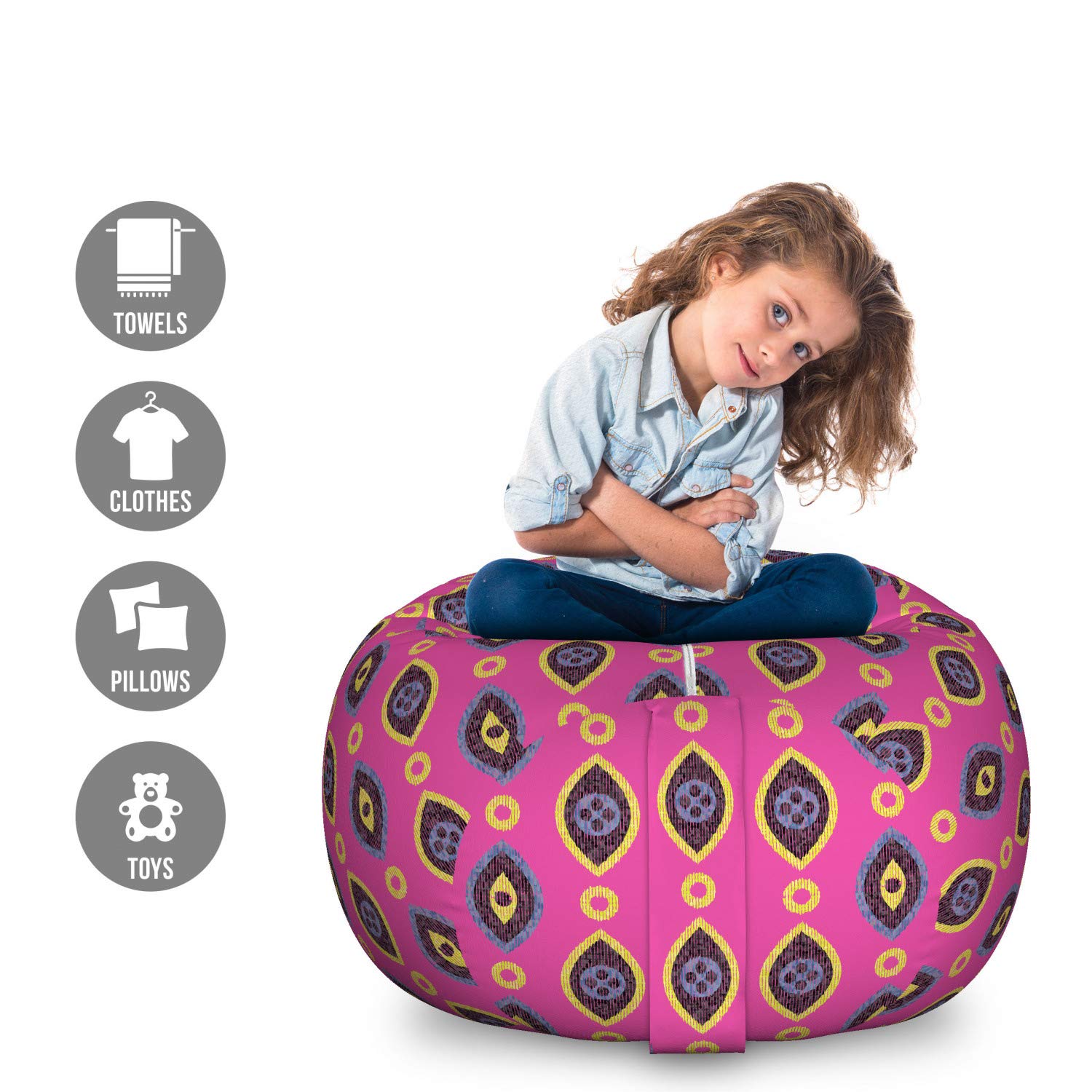 Ambesonne Yellow and Purple Storage Toy Bag Chair - Large Washable Stuffed Animal Organizer with Vertical Stripes Geometric Design | Kids Room Decor, Playroom Storage, Nursery Organization