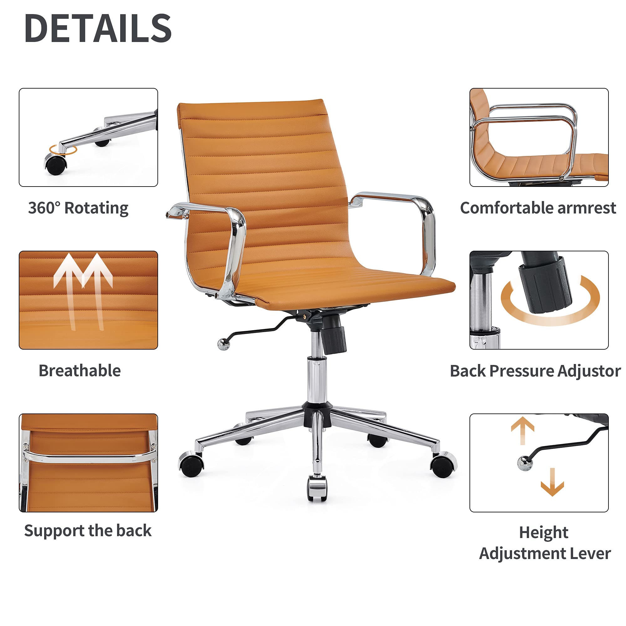 Ergonomic Leather Office Chair - Modern Swivel Executive Desk Chair with Ribbed Design for Home Office & Conference Room | Comfortable Rolling Task Chair for Computer Work & Long Hours Sitting