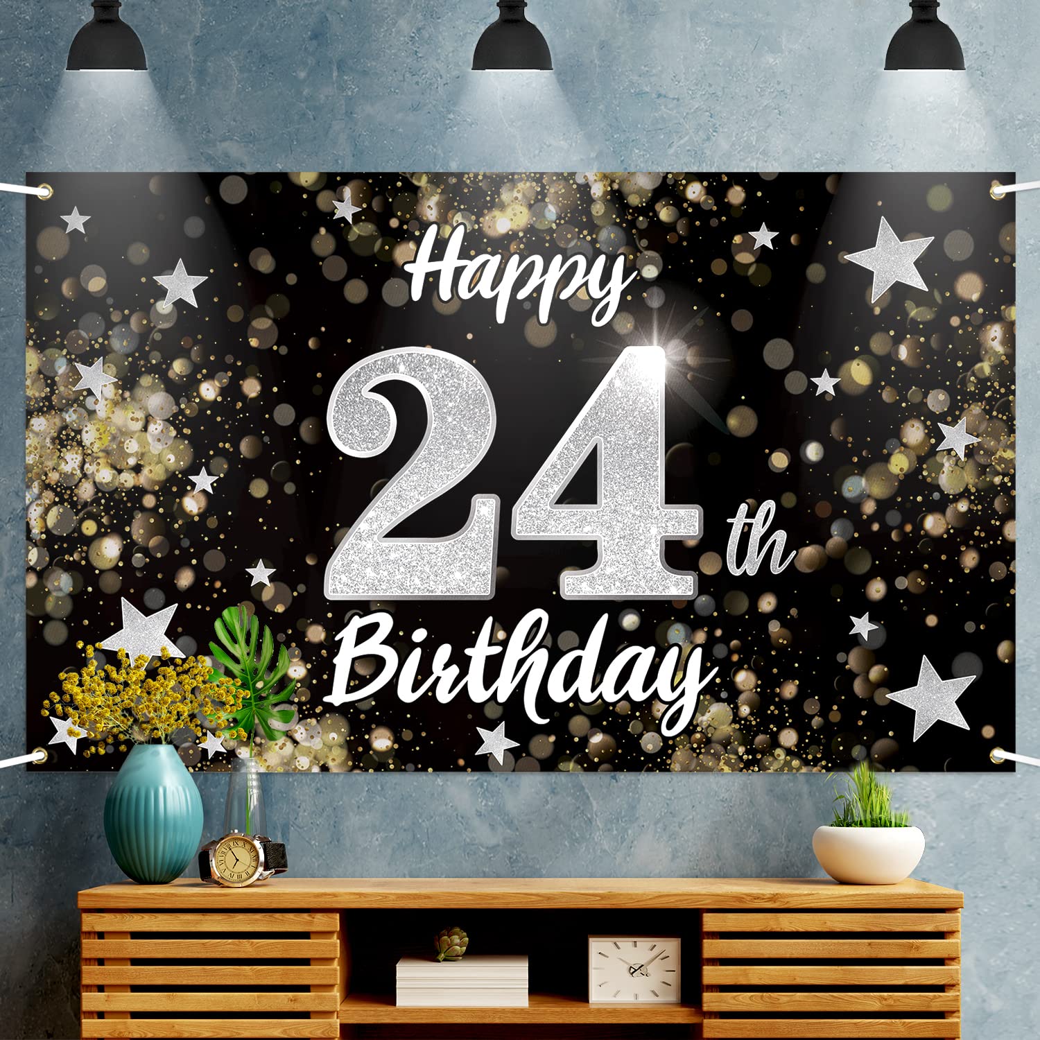 24th Birthday Decorations - Black & Silver Dream Star Large Backdrop Banner for 24 Years Old Party | Perfect for Milestone Celebrations, Photo Booths & Birthday Party Decor