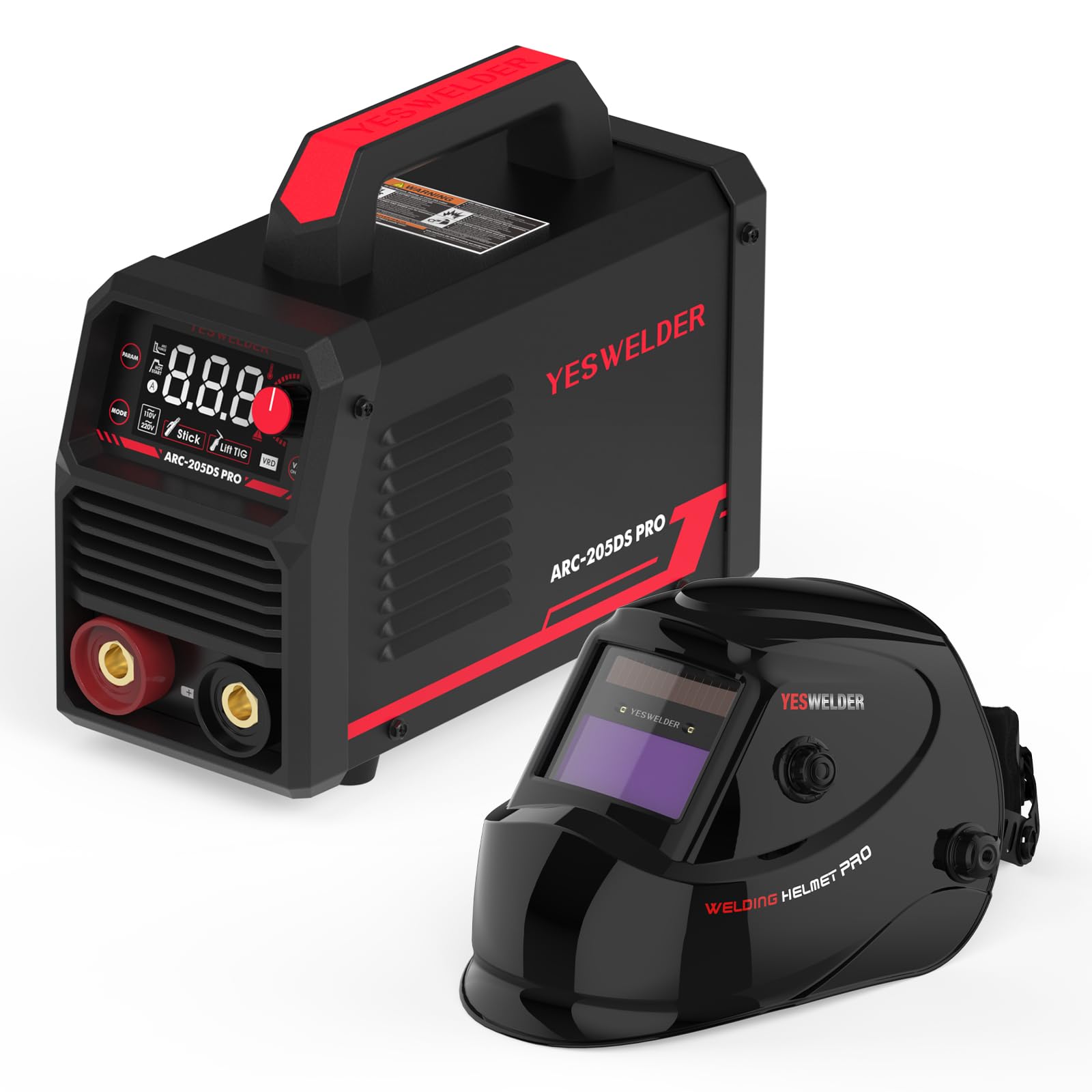 YESWELDER True Color Solar Powered Auto Darkening Welding Helmet with Large Viewing Area - Ideal for MIG, TIG, and Arc Welding | YESWELDER 205Amp IGBT Inverter Stick Welder with Large LED Display - Perfect for Home DIY, Metal Fabrication, and Professional Welding Projects