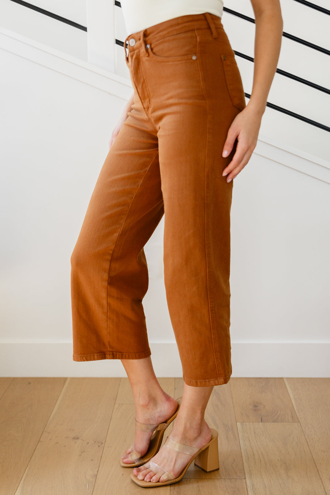 Briar High Rise Control Top Wide Leg Crop Jeans in Camel - Comfortable Stretch Denim Pants for Women, Casual & Office Wear