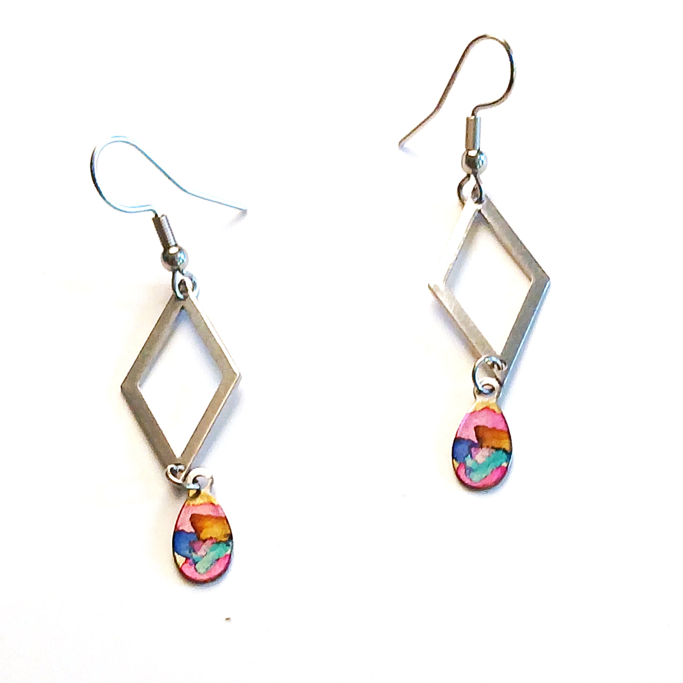Stainless Steel & Ink Open Diamond Earrings Pink - Elegant Dangle Earrings for Women, Perfect for Parties, Weddings & Date Nights