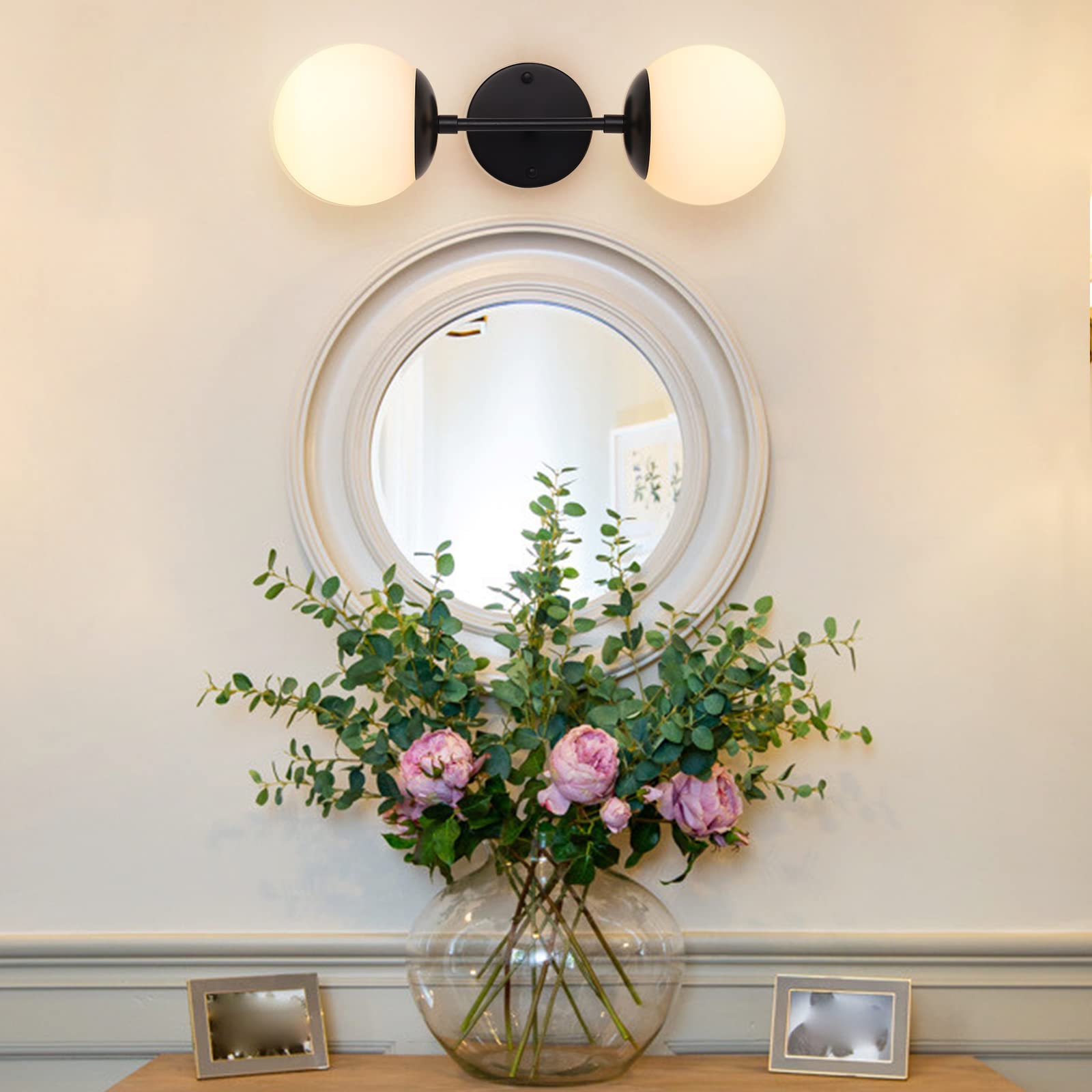 Black Double Wall Sconce - 2 Light Mid Century Modern Bathroom Vanity Lighting with White Globe Shades, Bedroom & Hallway Sconce Fixture (Bulbs Not Included) - Perfect for Bathroom Makeovers, Bedroom Accent Lighting and Vintage Home Decor