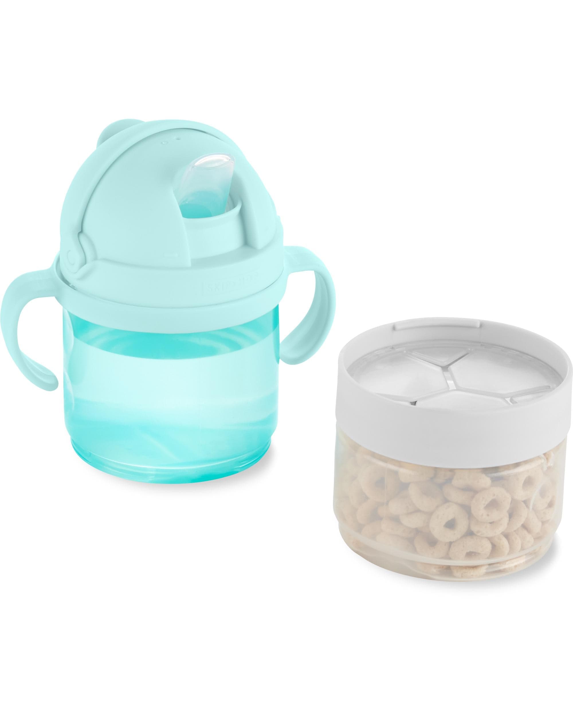 Skip Hop 2-in-1 Sip and Snack Stack Cup for Babies 6 Months+ | Leak-Proof Toddler Drinking & Snack Container | Teal & Grey | Perfect for On-the-Go Feeding, Daycare, and Travel