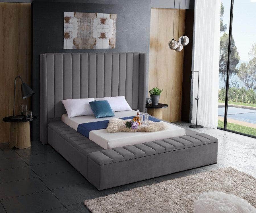 Vaughan Velvet Wingback Platform Bed with Channel Tufting & 3 Storage Benches - Queen/King Size, Gray/Blue/Pink - Luxurious Bedroom Furniture for Master Suite, Guest Room & Apartment