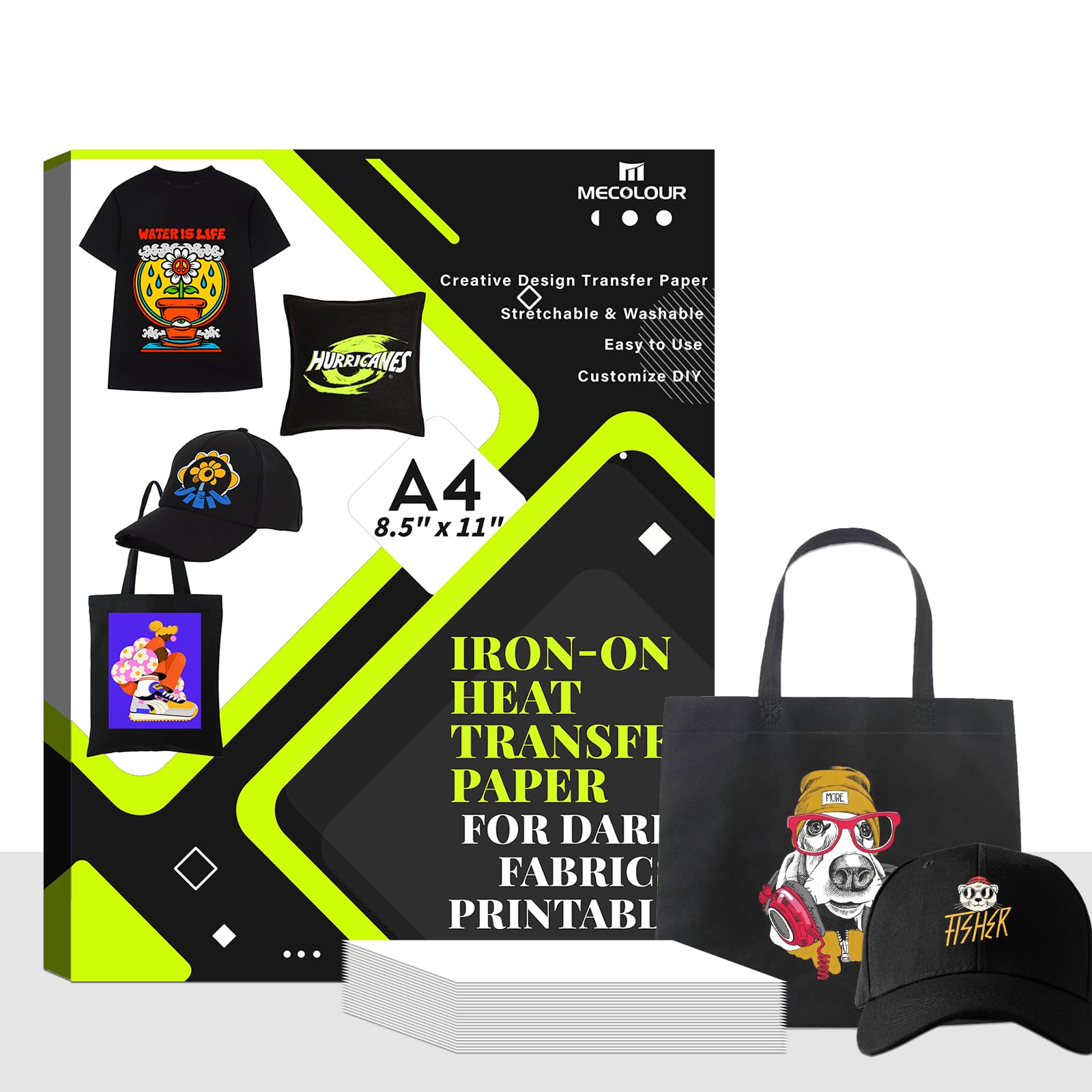 Premium MECOLOUR Iron-On Heat Transfer Paper for Dark Fabrics - 8.5x11 Inches Inkjet Printable T-Shirt Transfer Sheets (20 Pack) - Perfect for DIY Custom Apparel, Personalized Gifts & Craft Projects