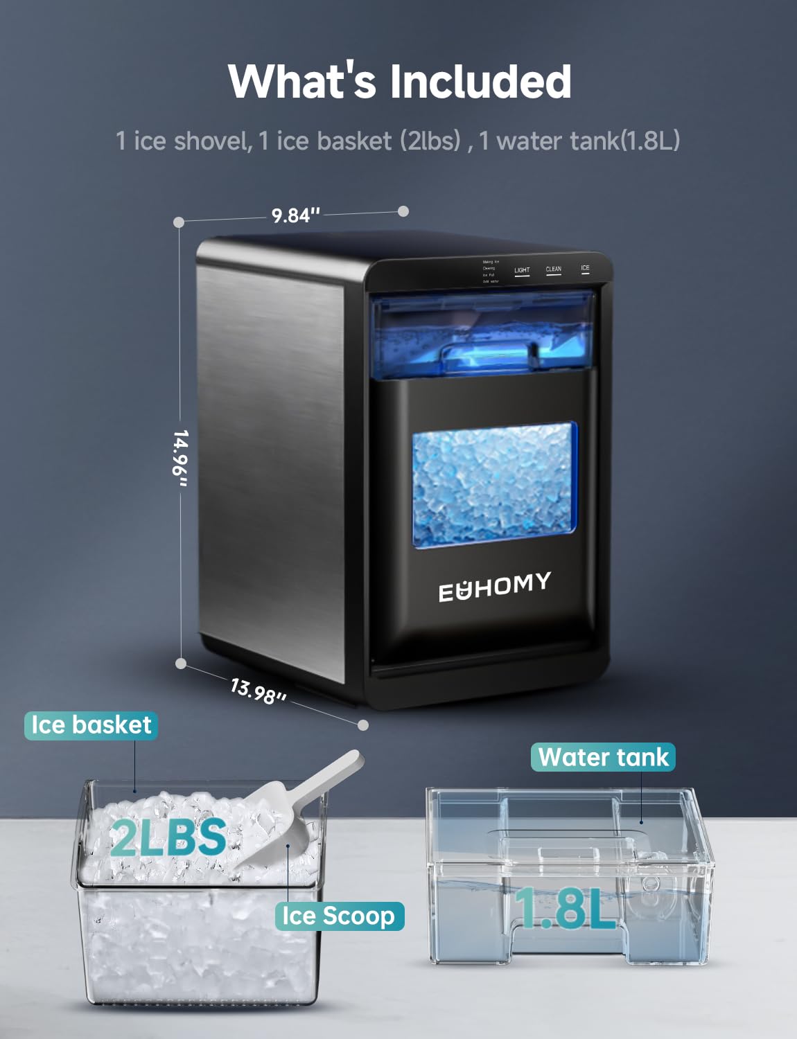 EUHOMY 44Lbs/24H Countertop Nugget Ice Maker with Self-Cleaning, Ice Scoop & Basket - Portable Pebble Ice Machine for Cocktails, Sodas, Smoothies - Perfect for Home Kitchen, Office, Bar (Black)