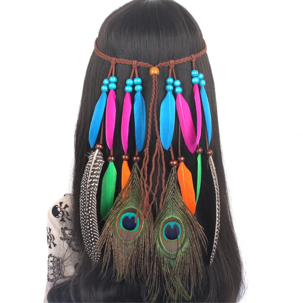 KLHHG Bohemian Feather Headbands for Women & Girls - Festival Hair Accessories, Hippie Headwear, Hair Ropes - One Size (Color A) - Perfect for Music Festivals, Beach Parties & Boho Style Outfits