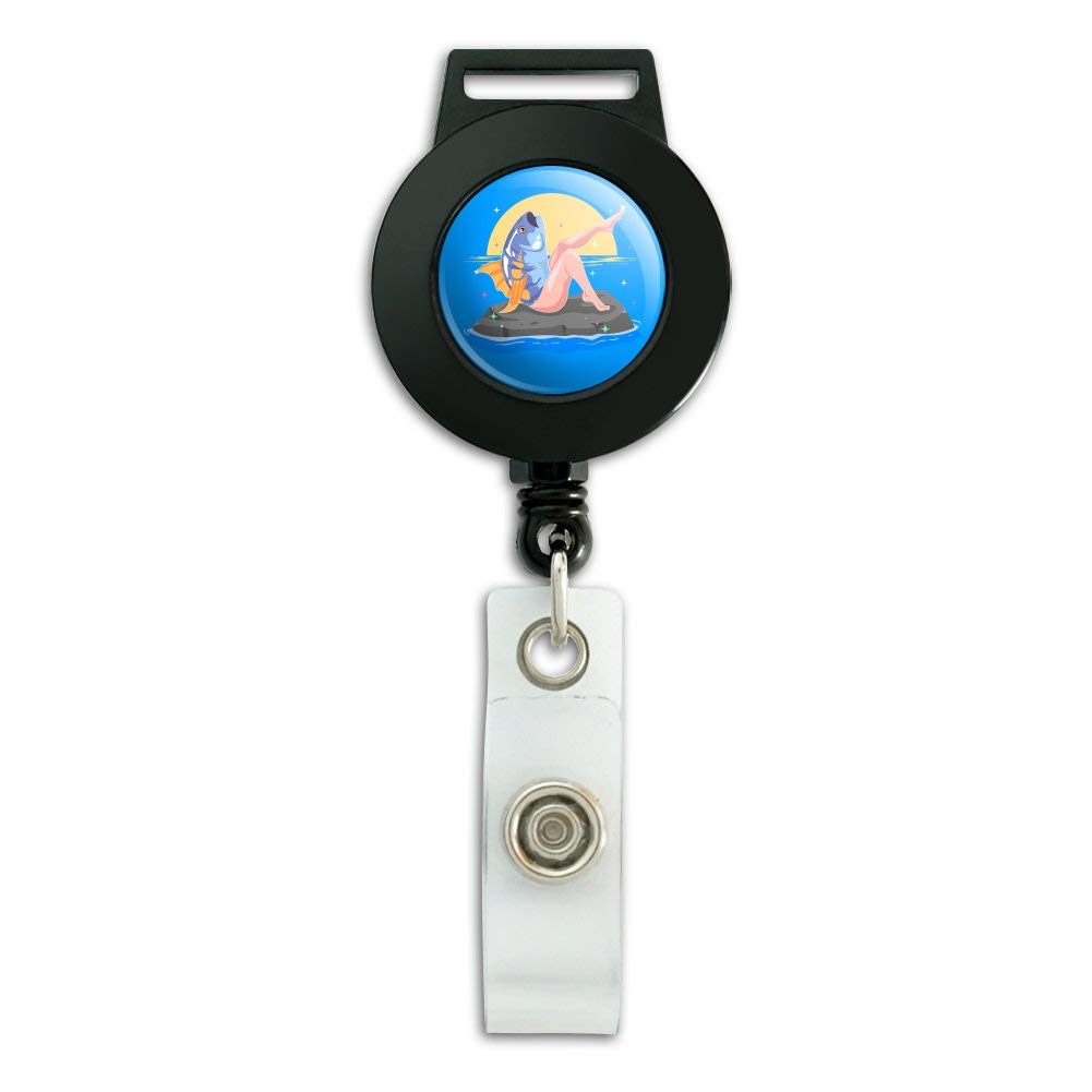 Funny Reverse Mermaid with Tuna Head Lanyard - Retractable Reel Badge Holder for ID Cards, Keys & Work Access (Office, School, Hospital, Convention Use)