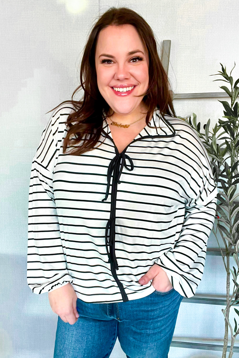 Stylish Black & White Collared Stripe Ribbon Bow Tie Blouse for Women | Elegant Office Wear & Party Outfit | Perfect for Work, Weddings & Special Occasions