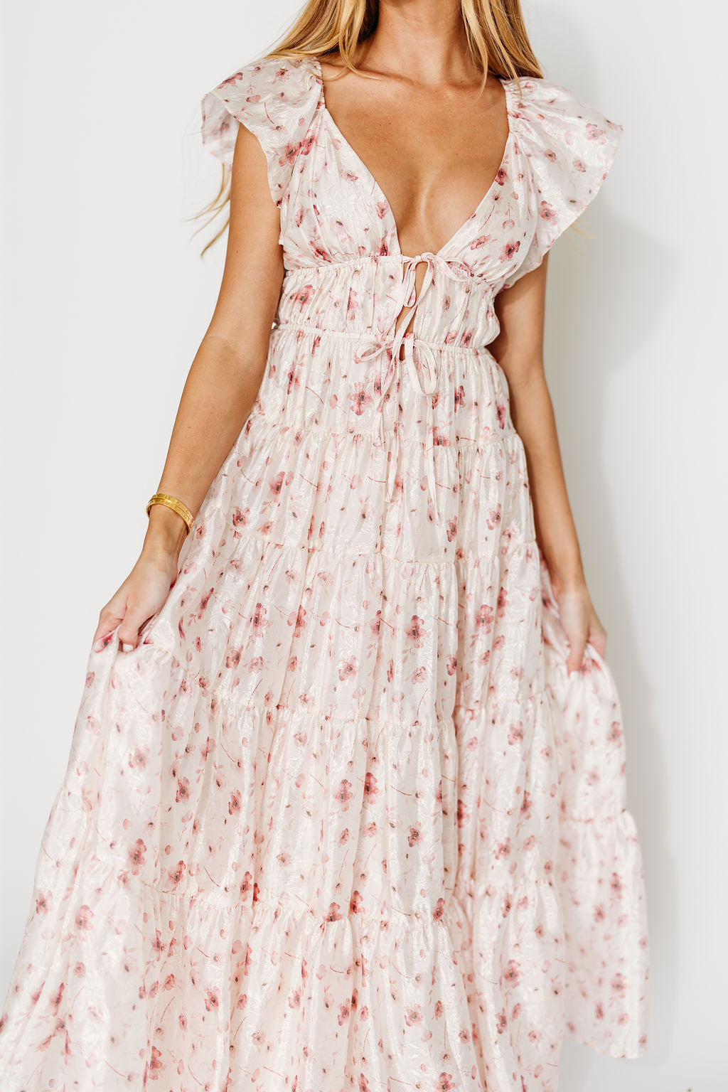 Enchanted Floral & Gingham Ruffled Maxi Dress in Pink Rose - Elegant Summer Dress for Beach Wedding, Garden Party & Vacation Outfits