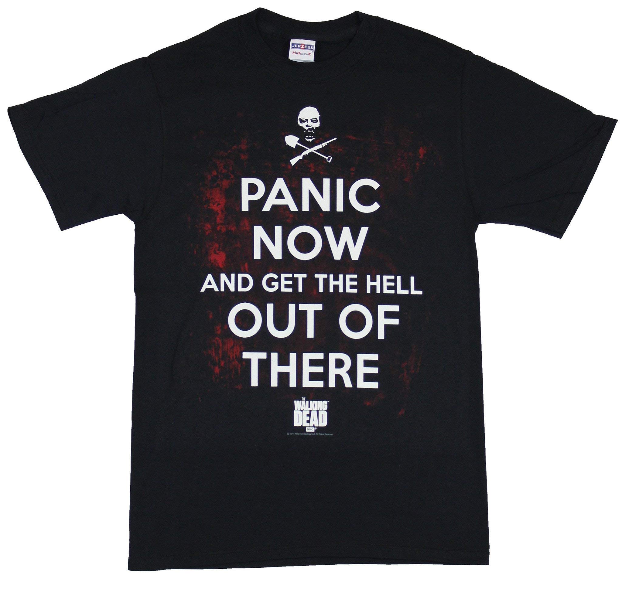 The Walking Dead Men's Graphic T-Shirt - 'Panic Now Get The Hell Out' Print | Black Horror TV Show Tee | X-Large Size | Perfect for Halloween, Comic Con & Zombie Apocalypse Fans