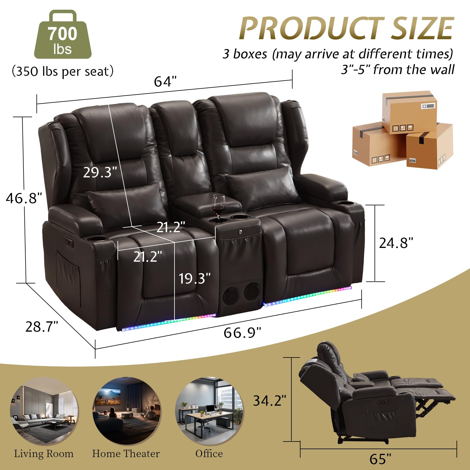 Power Reclining Loveseat Sofa with Adjustable Split Back, USB Chargers, Bluetooth Speakers & LED Lights – Home Theater Seating with Storage & Cup Holders – Perfect for Living Room, Media Room & Home Theater Comfort