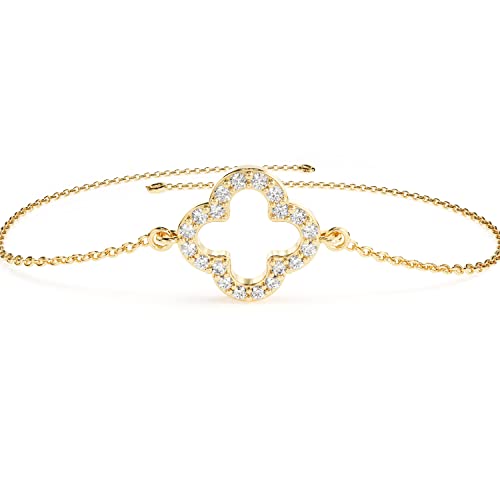 14K Solid Gold Diamond Clover Bracelet for Women - Yellow, White & Rose Gold Options | 5