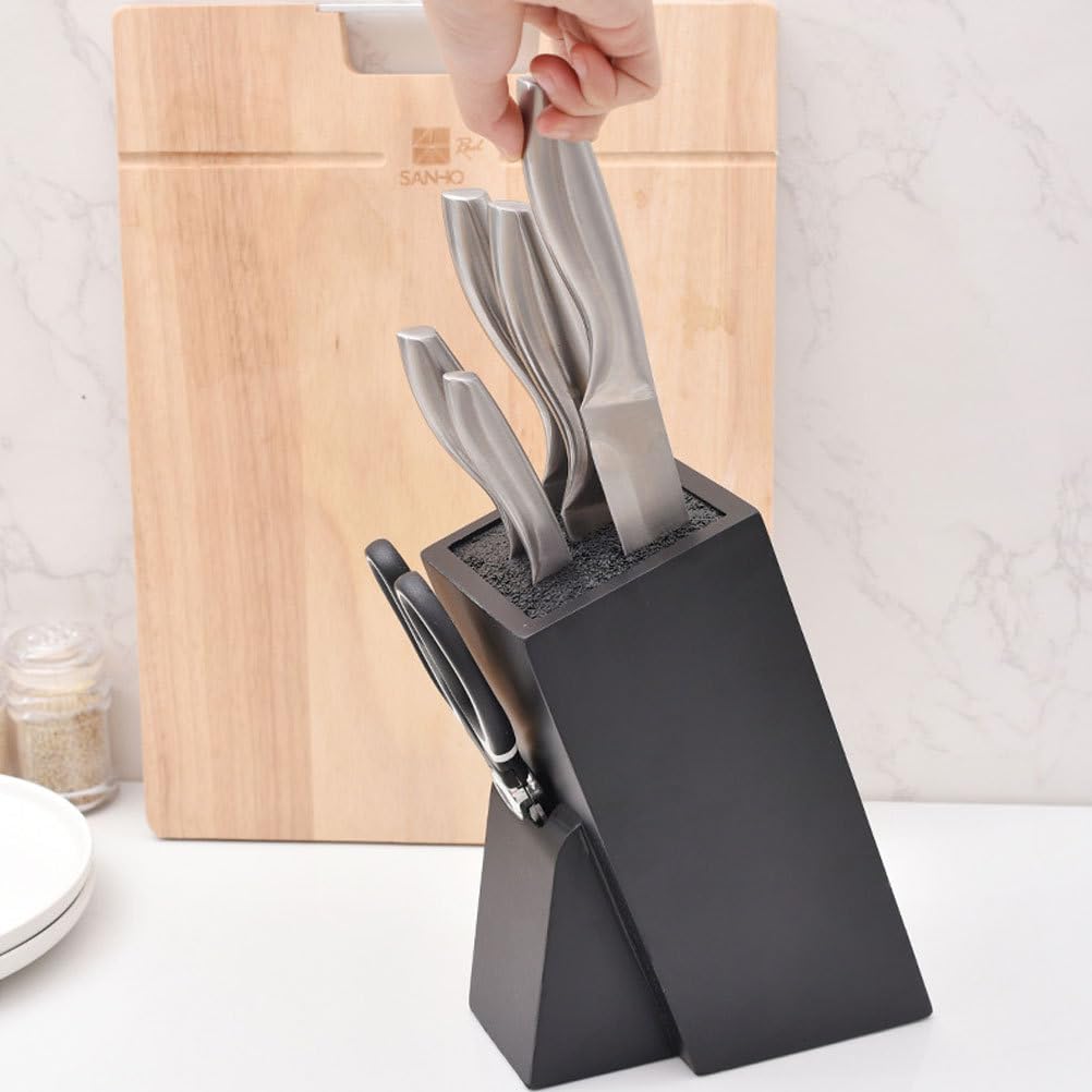 Premium Wooden Knife Block Organizer - Universal Kitchen Storage Holder for Knives & Utensils - Multi-Functional Household Rack (Black) - Perfect for Countertop Organization & Kitchen Decluttering