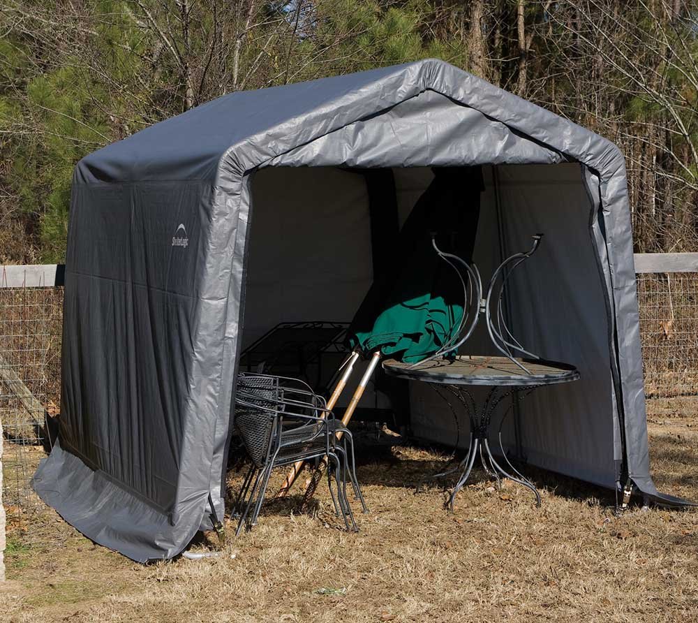 ShelterLogic 10' x 10' All-Season Steel Metal Storage Shed with Waterproof Cover - Heavy Duty Reusable Auger Anchors, Grey - Perfect for Backyard, Garden, Patio & Outdoor Equipment Storage