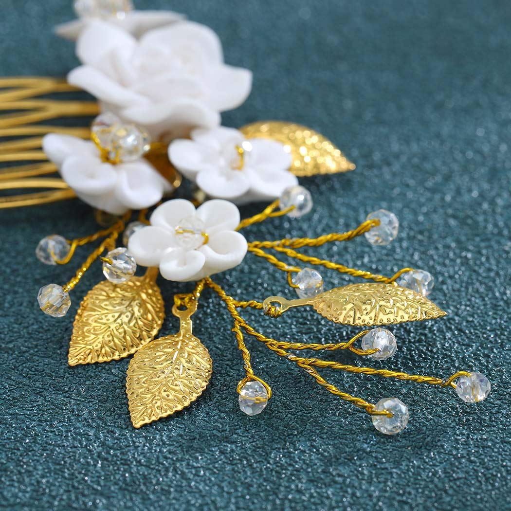 AUkmla Gold Pearl Flower Hair Comb - Elegant Bridal Wedding Hair Accessories for Women, Leaf Design Hair Pins (HC-24) | Perfect for Bridal Showers, Weddings & Special Occasions