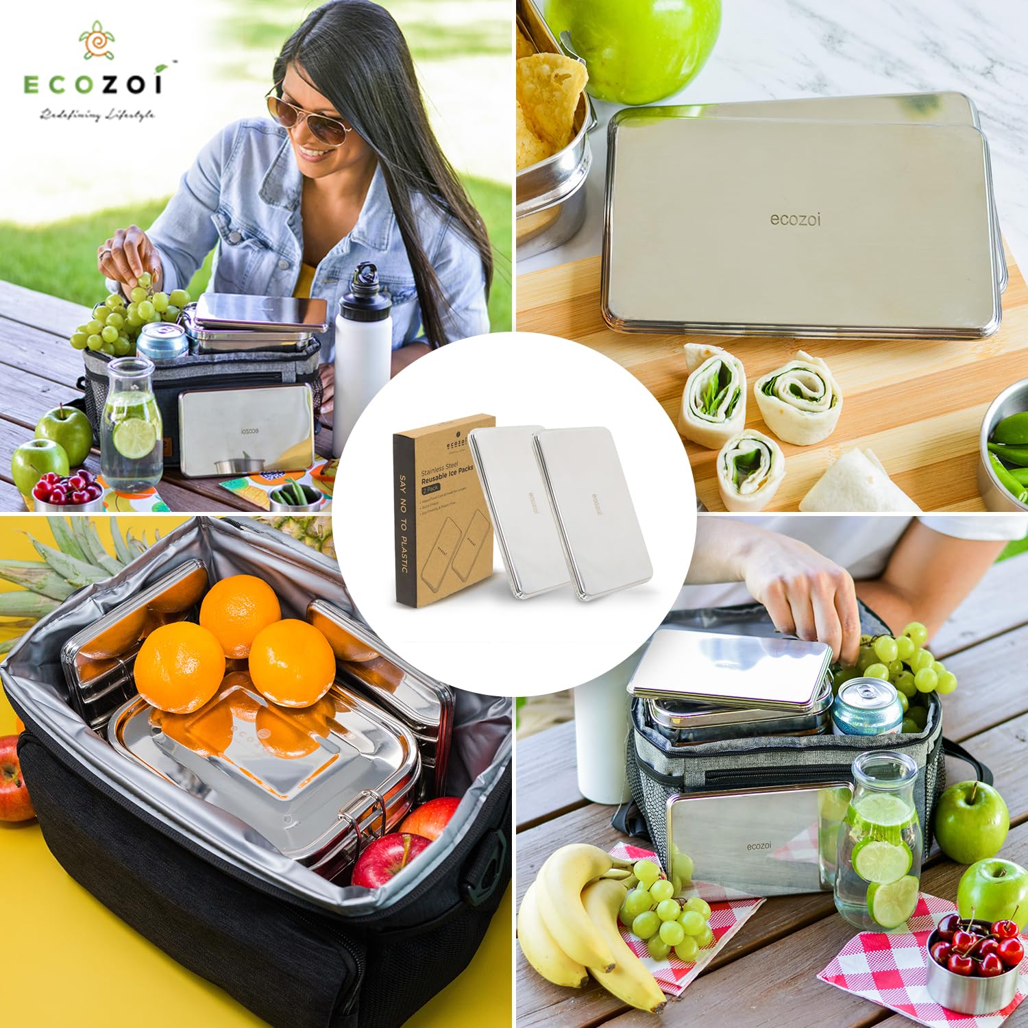 Premium Stainless Steel Lunch Chillers with Ice Packs - Eco-Friendly Cooling Solution for Lunch Bags, Bento Boxes & Coolers - 2 Pack Plastic-Free & Sustainable - Perfect for Work, School & Outdoor Picnics