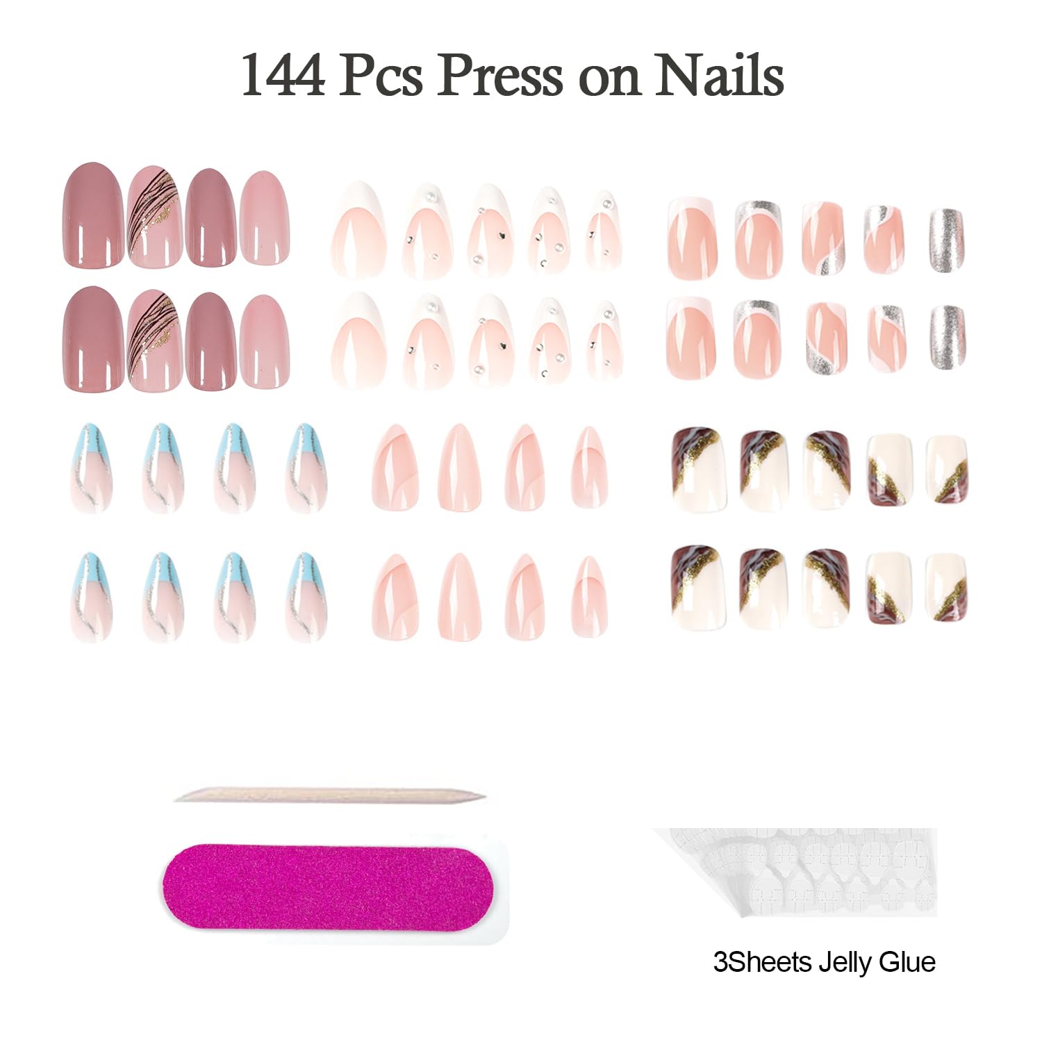 6 Packs (144 Pcs) Press on Nails Medium False Nails - Almond & Square Full Cover Stick on Artificial Acrylic Fake Nails with Adhesive Tabs for DIY Manicure & Nail Art | Perfect for Parties, Weddings, Daily Wear & Special Occasions