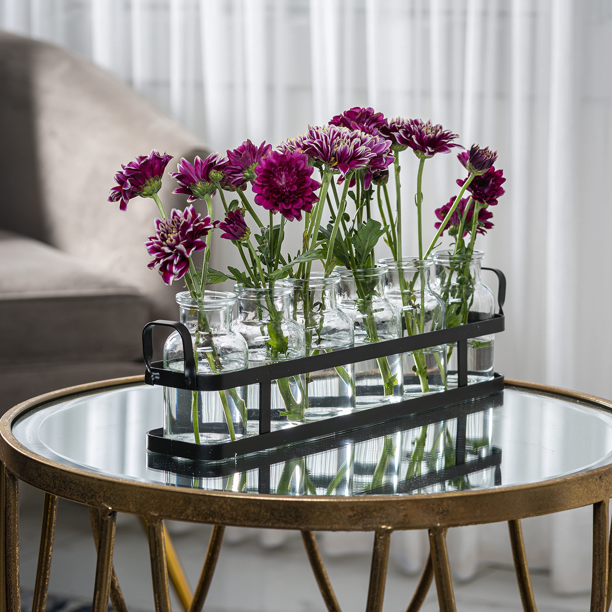 6-Piece Glass Flower Vase Set with Metal Holder - Modern Home Decor for Wedding, Table, Kitchen, Bathroom & Bedroom - Perfect for Flower Arrangements & Shelf Decor (Ideal for Centerpieces, Gift Giving & Interior Design Styling)