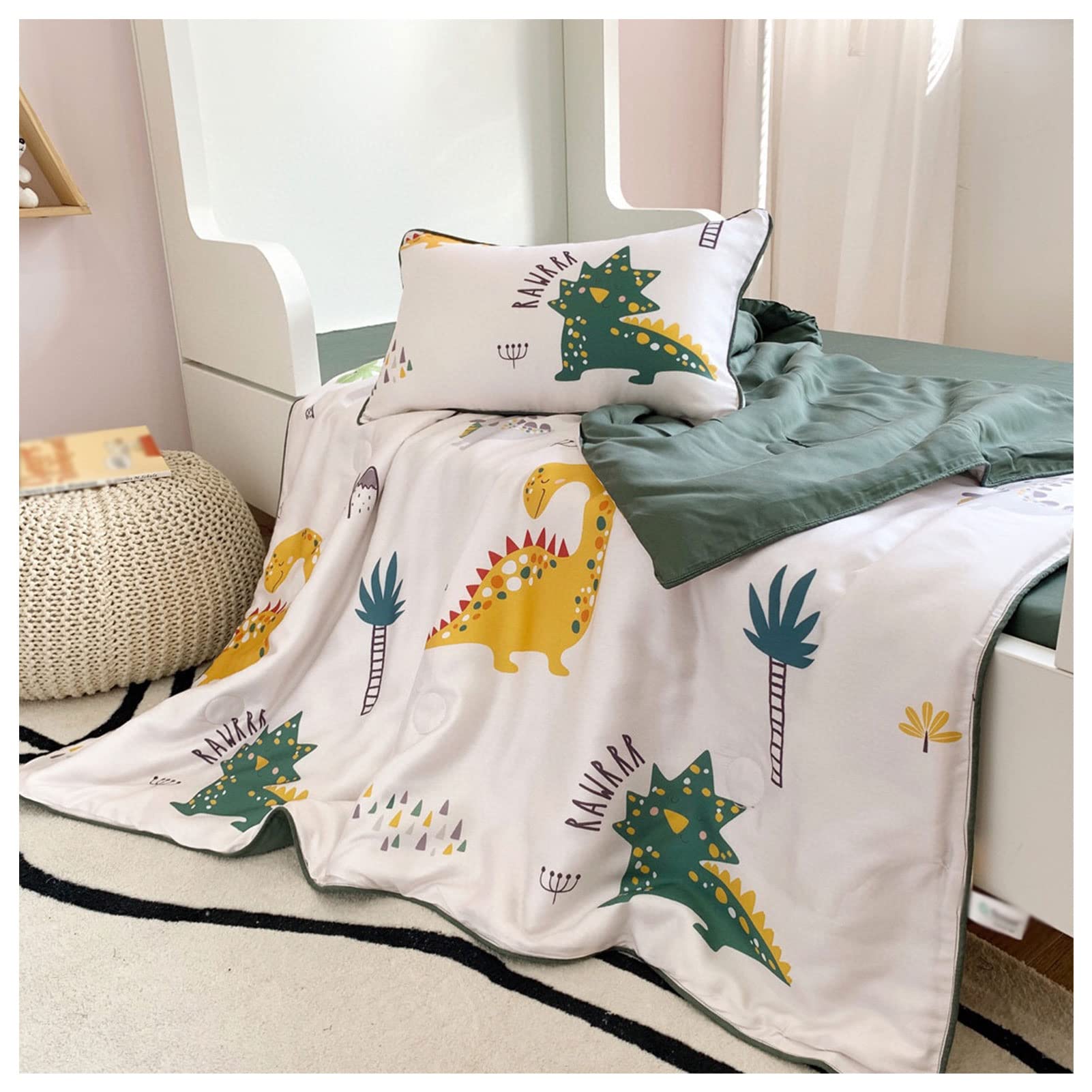 Dinosaur Cartoon Print 80s Style Tencel Summer Quilt Set for Kids - 3 Piece Air Conditioning Blanket, Cooling Ice Silk Bedding (120x150cm) - Perfect for Hot Weather, Bedroom Decor & Nursery Comfort