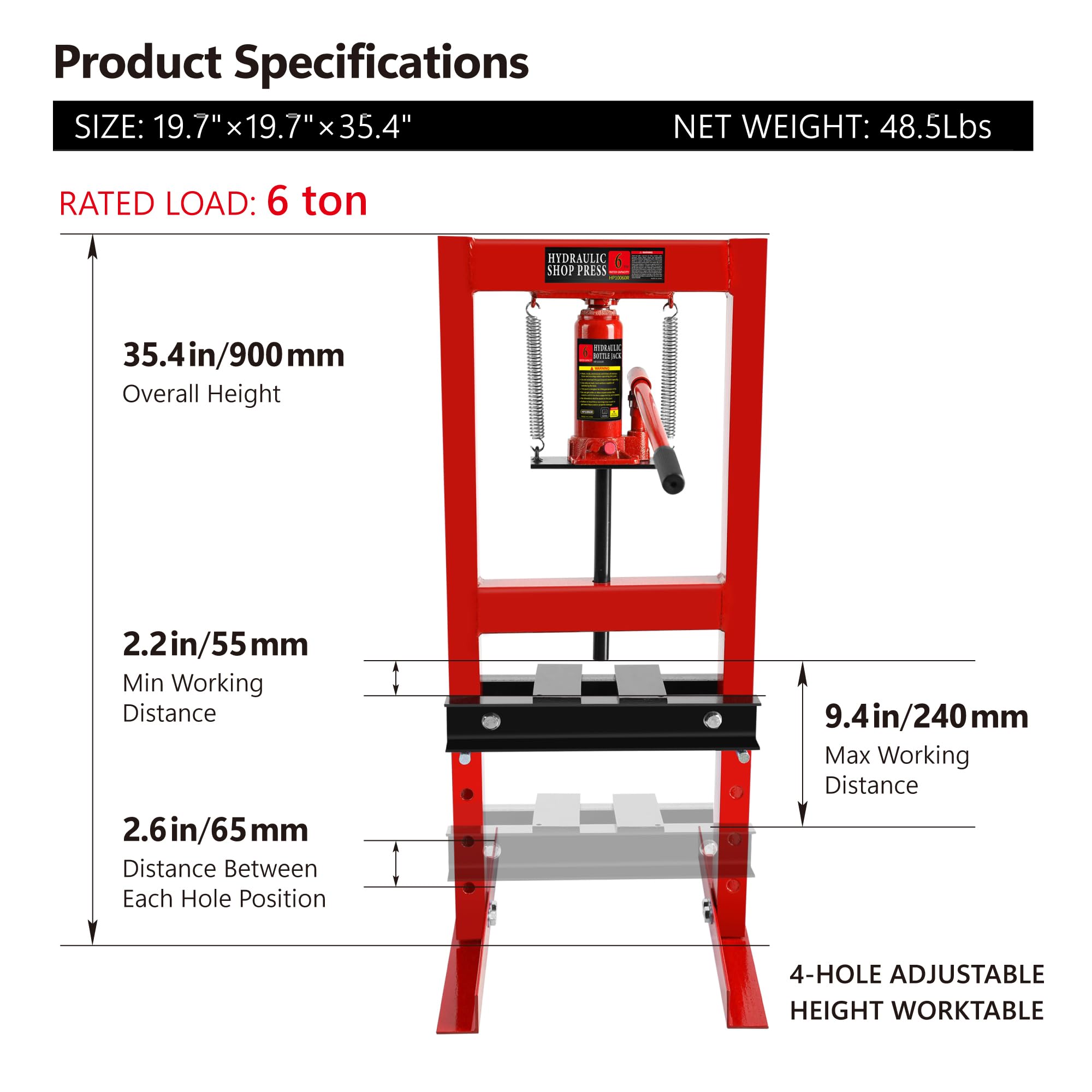 6 Ton Hydraulic H-Frame Shop Press with Adjustable Height & Steel Plates - Heavy Duty Garage Floor Press for Metalworking, Auto Repair, Bearing Removal (Red)