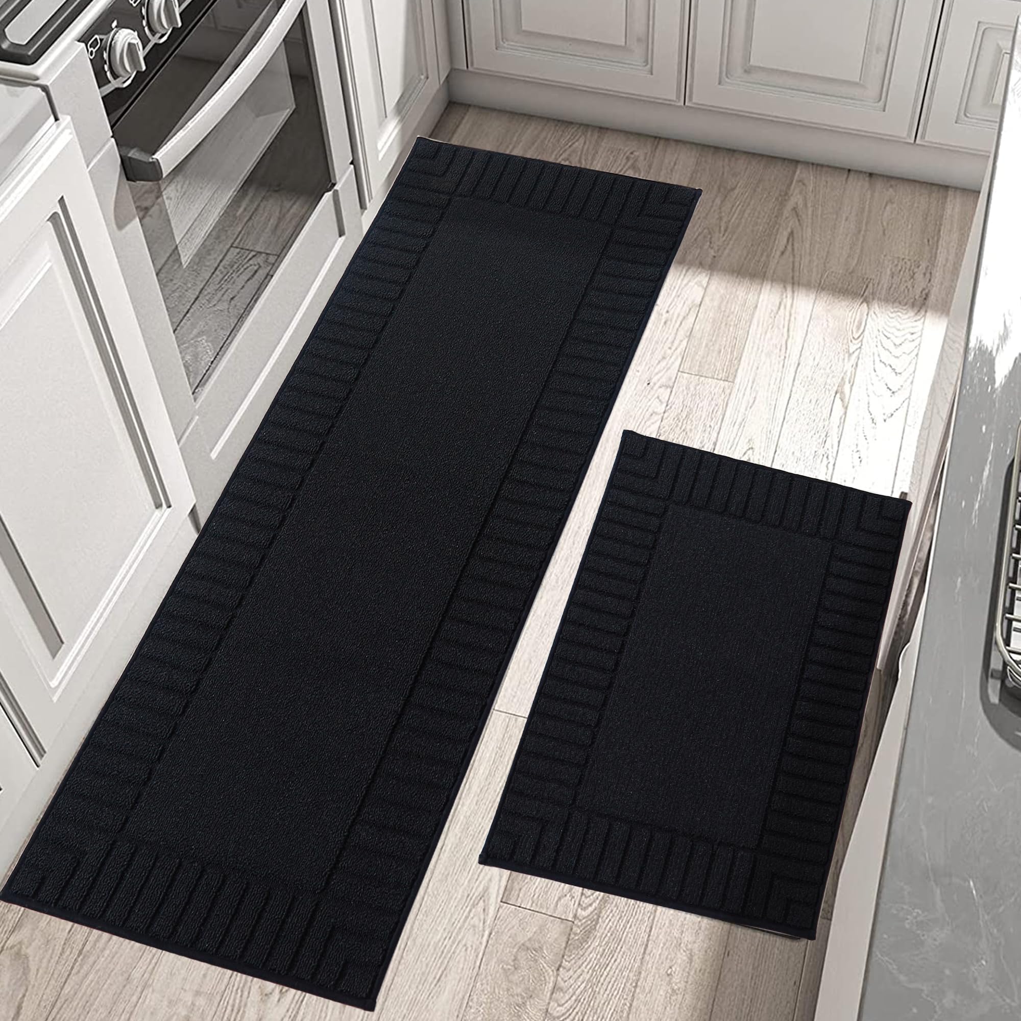 BEQHAUSE 2-Pack Non-Slip Kitchen Rugs and Mats, Absorbent Washable Floor Mats for Kitchen (24x35inch & 24x60inch, Black) - Perfect for High-Traffic Areas, Sink Front & Cooking Spaces