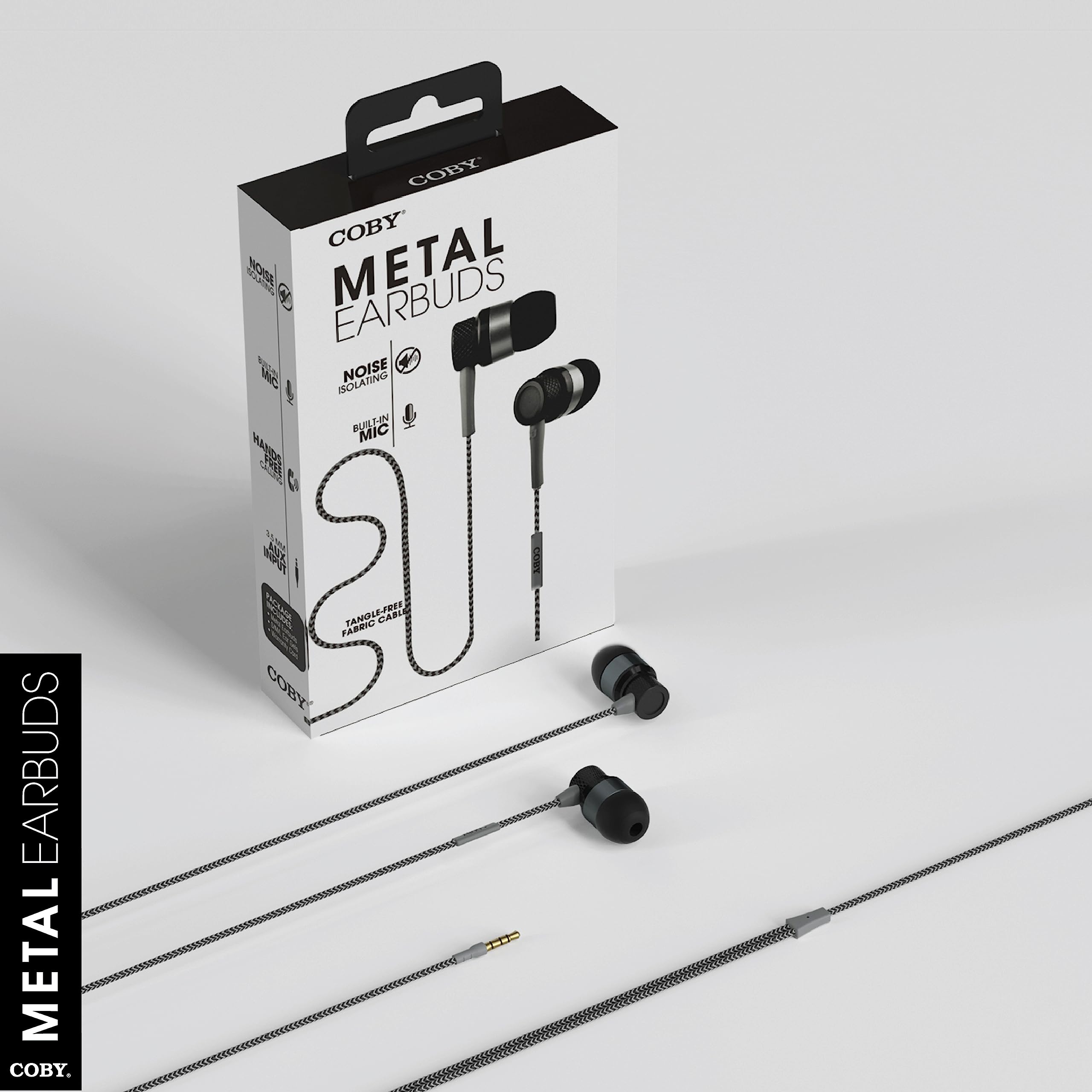 Premium Coby Metal Wired Earbuds with Built-in Mic & Noise Cancellation - Tangle-Free Braided AUX Headphones with 3-Pair Ear Gels (S/M/L) in Black - Perfect for Commuting, Workouts & Gaming