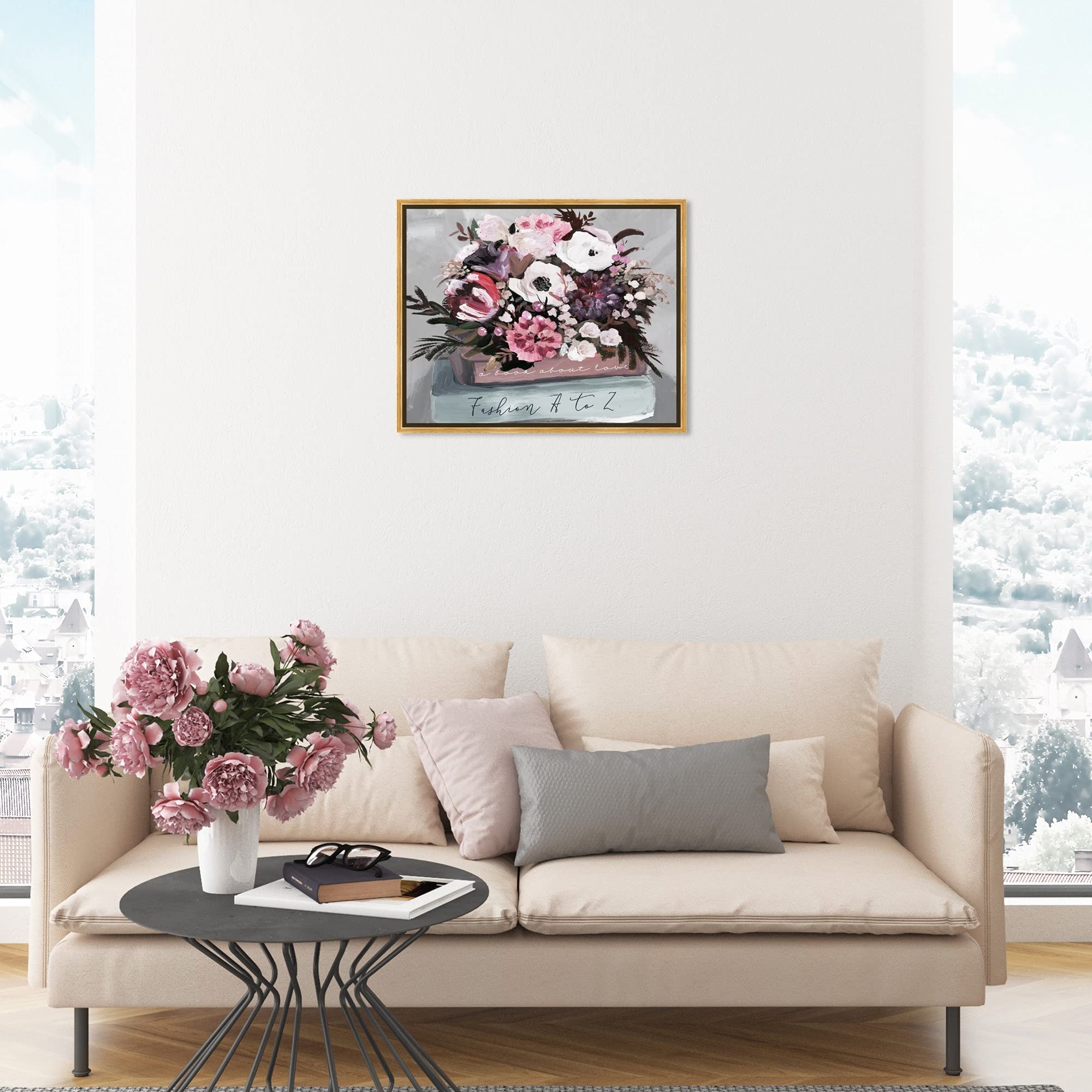 Floral and Botanical Wall Art Framed Canvas Prints - Flower Bundle & Books Decor for Living Room, Bedroom & Office